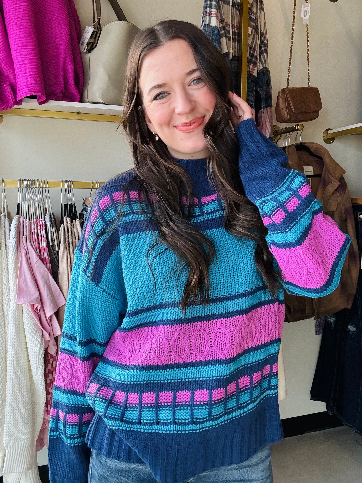 &merci
Stay cozy and stylish with our Mock Neck Cable Detail Sweater. This sweater features a mix of cable knit patterns, along with a ribbed mock neckline and drop shoulder long sleeves. The ribbed details on the neckline, cuffs, and hem add extra comfort. Perfect for a chic and playful look!