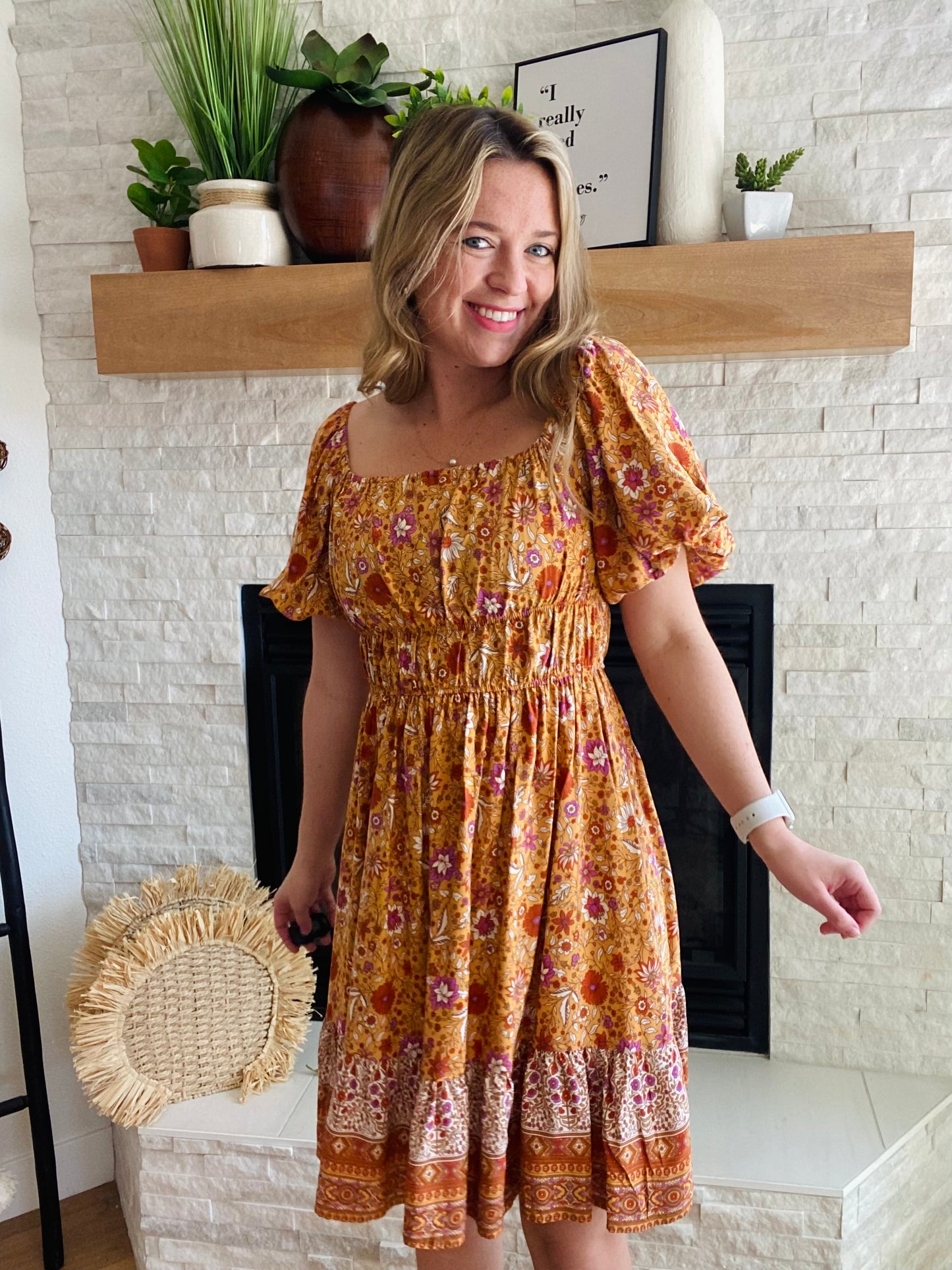 Add a pop of color to your wardrobe with this Orange Love Puffy Sleeve Dress! This statement dress features a square neckline and short puff sleeves for a modern bohemian-style look. The bright orange and red color palette adds a bold touch for any occasion.