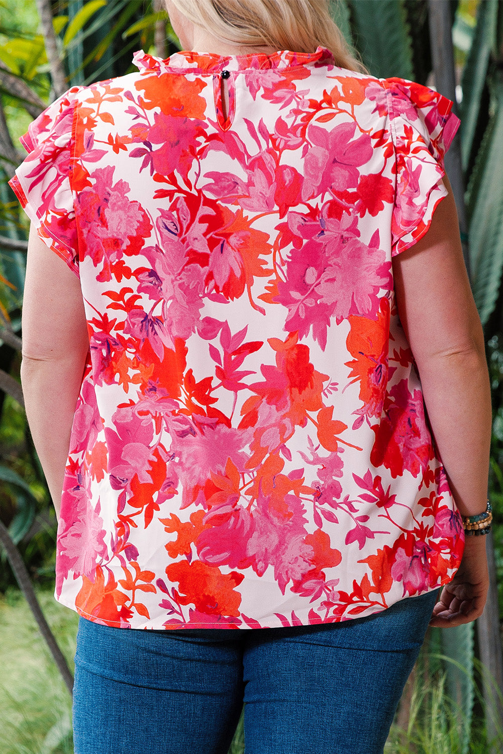 Rose Frill Neck Floral Plus Size Blouse