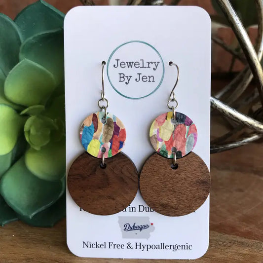 Round Wood Confetti Splash Earrings