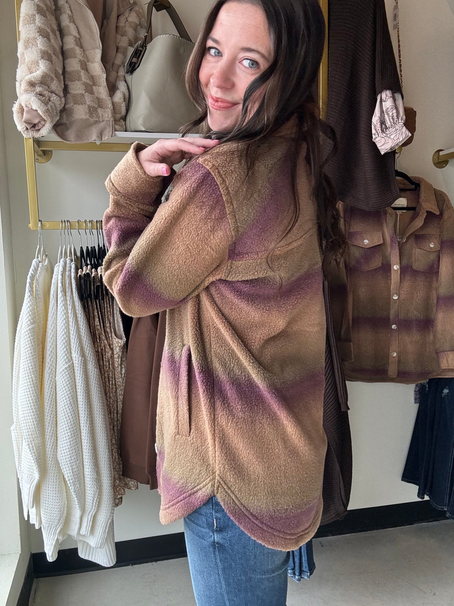 Thread & Supply
This super soft shacket is essential for the season. Featured in a plush fabric, slightly oversized silhouette and dual front and side pockets.
Collared neckline
Button front closure
Dual front pockets
