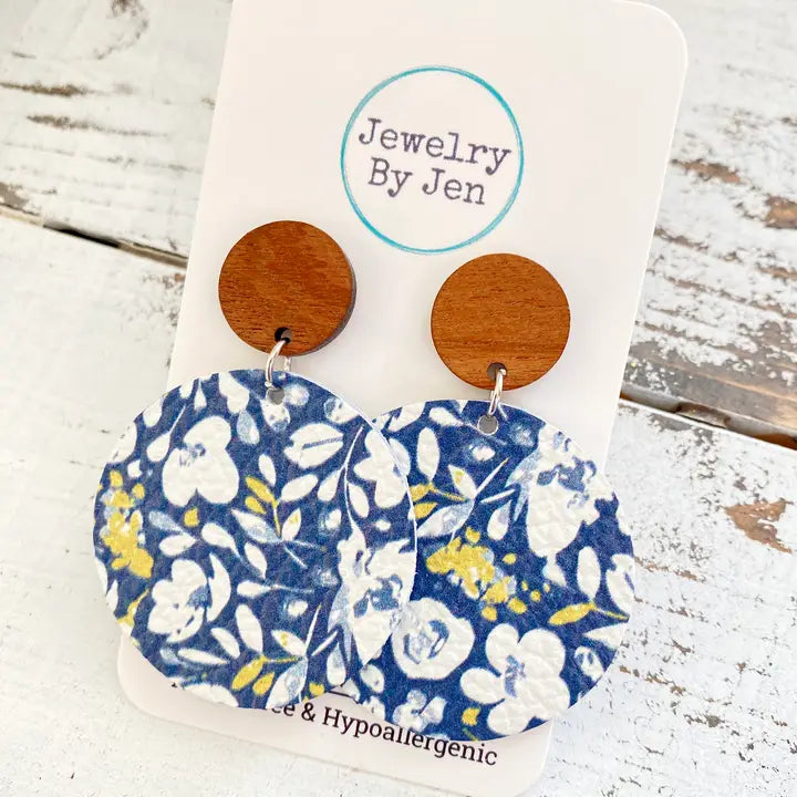 Wood Stud Earrings - Navy Floral