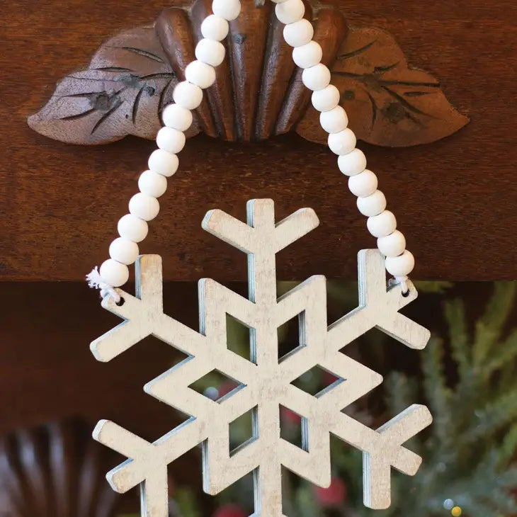 Distressed Wooden Snowflake Beaded Ornament