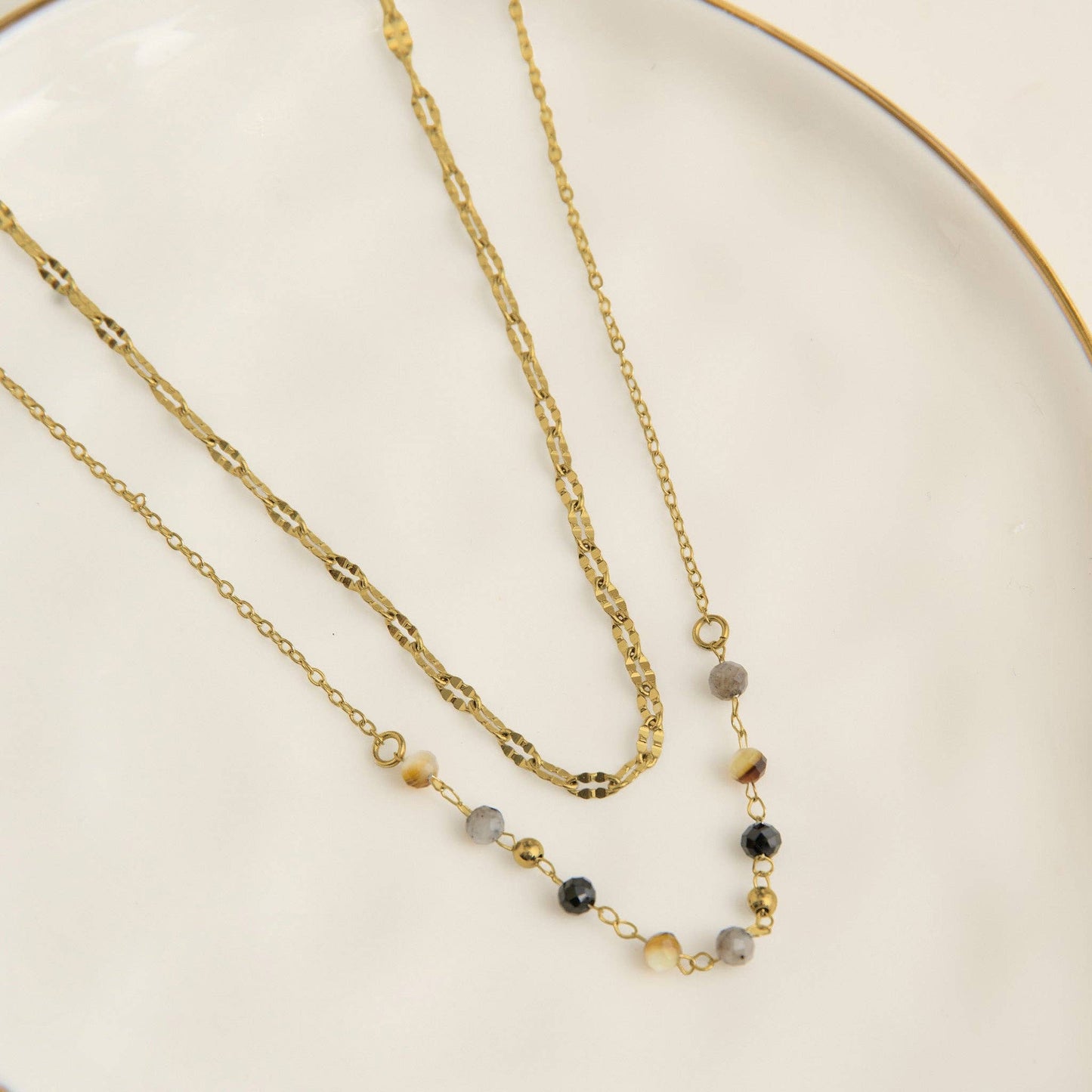 Narelle Waterproof Genuine Apatite & Tiger's Eye Double Row Beaded Dainty Necklace