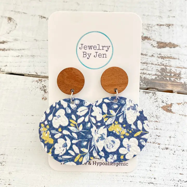 Wood Stud Earrings - Navy Floral