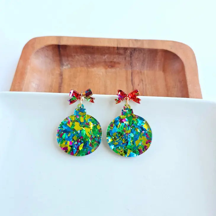 Green Sparkle Christmas Ornament Earrings