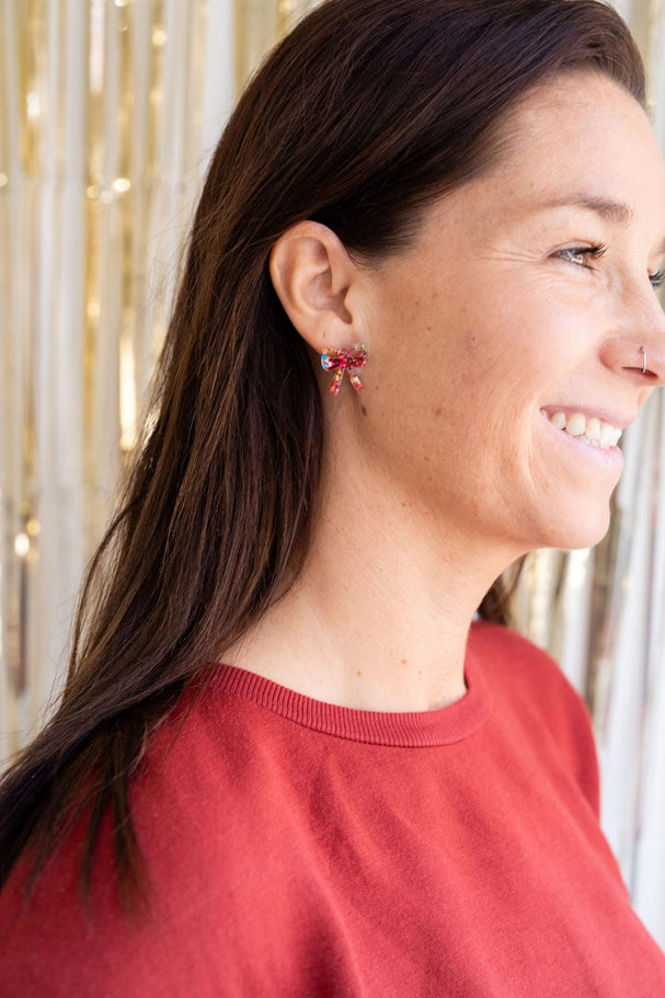Red Sparkle Bow Studs