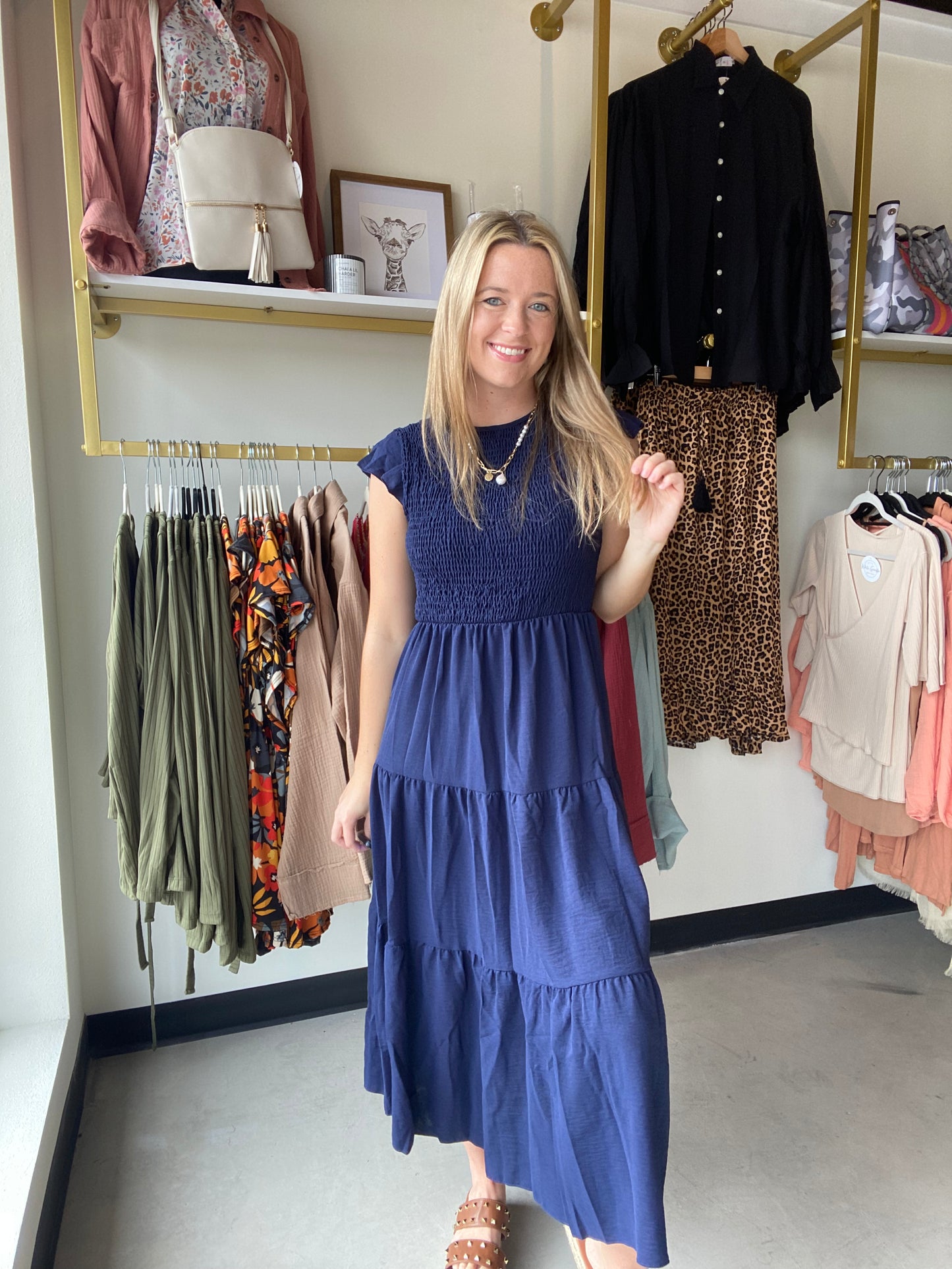 Navy Flutter Midi Dress