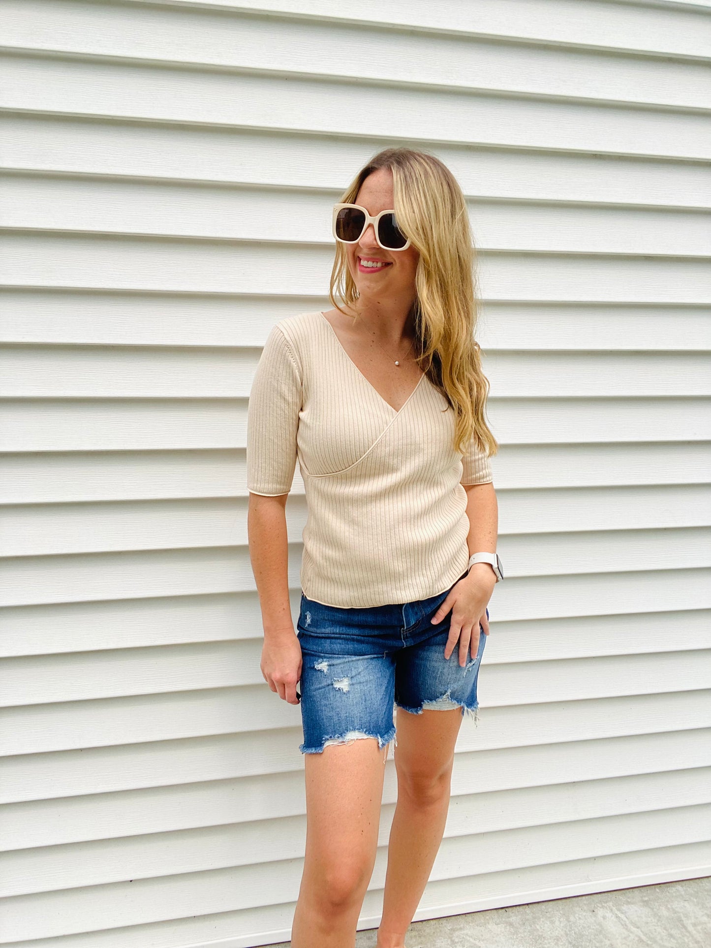 Apricot Rib Knit Half Sleeve Top