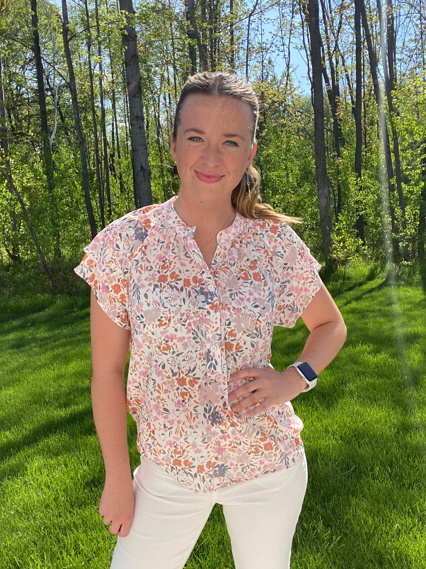 Boho Floral Mandarin Collar Top