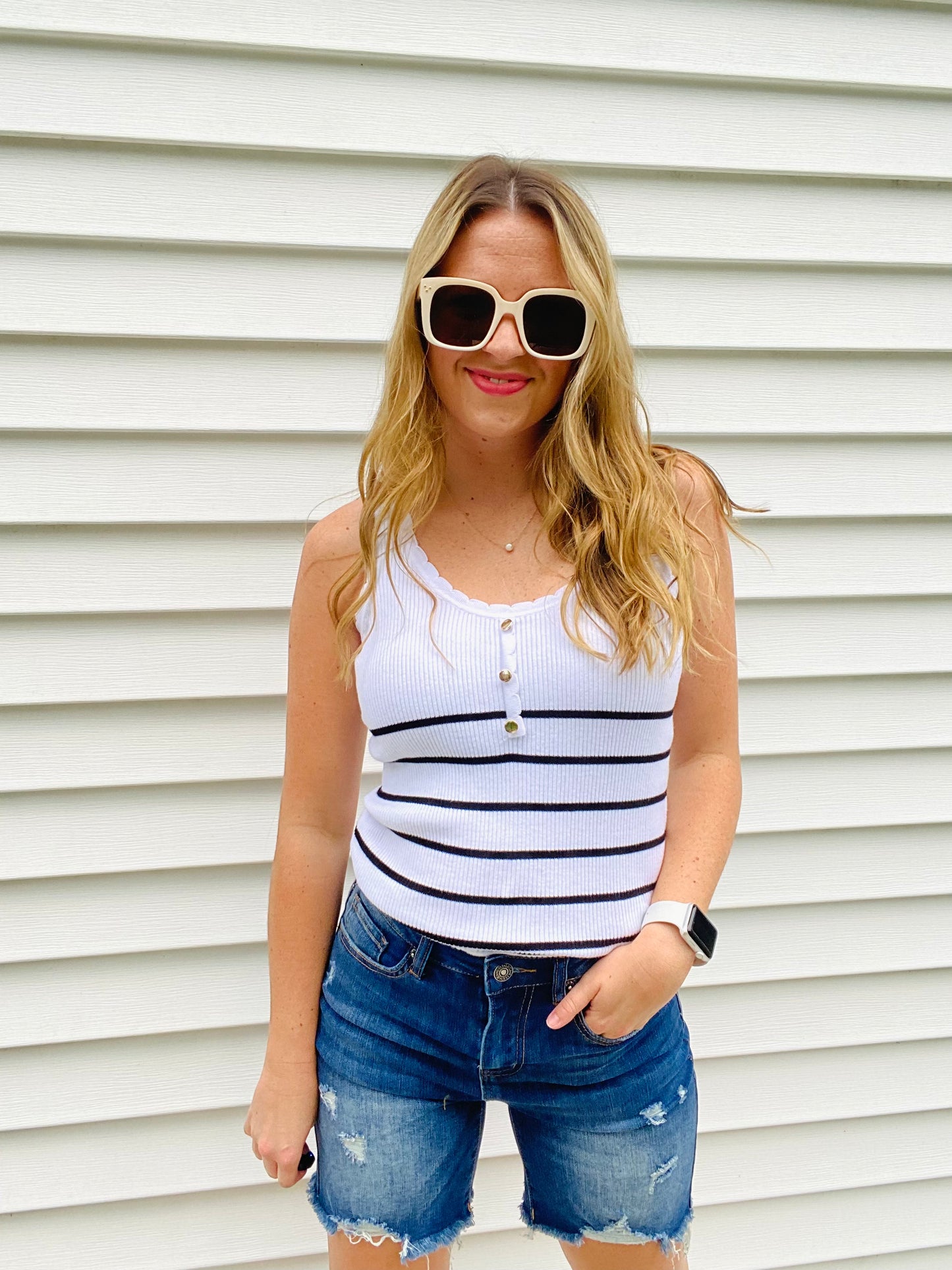 White Shell Rib Knit Tank Top