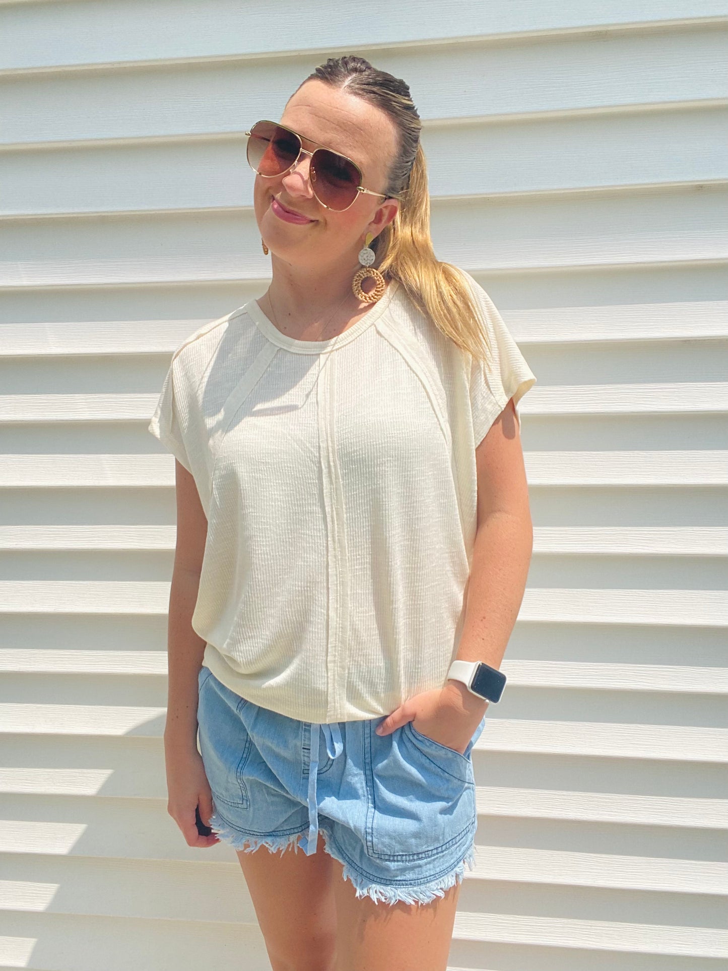 Cream Two-Tone Rib Knit Tee