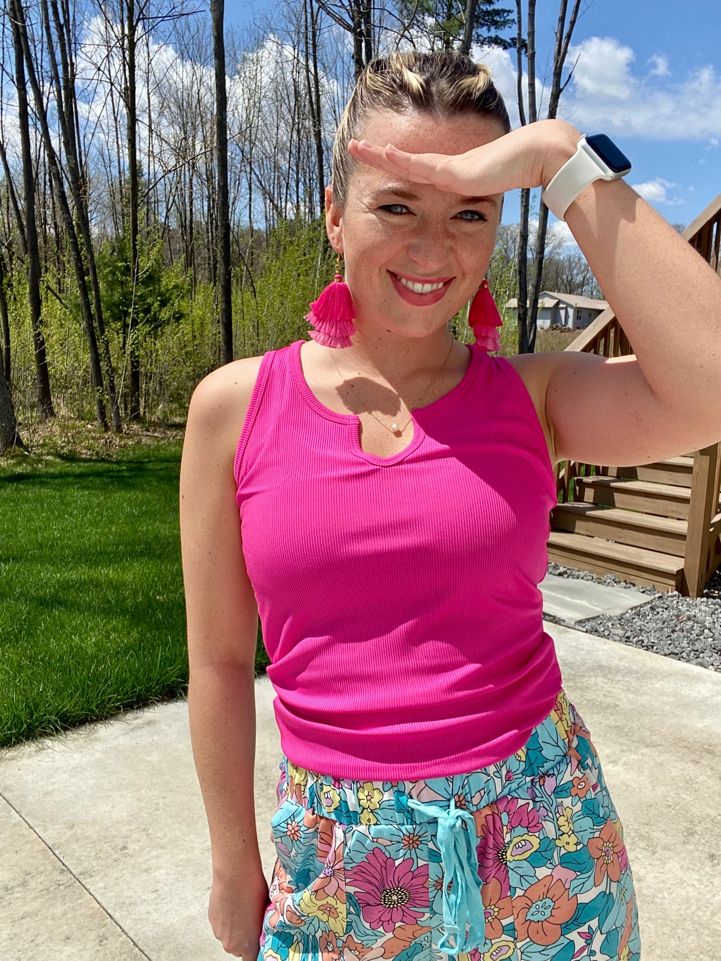 Hot Pink Split Neck Ribbed Tank Top 3XL