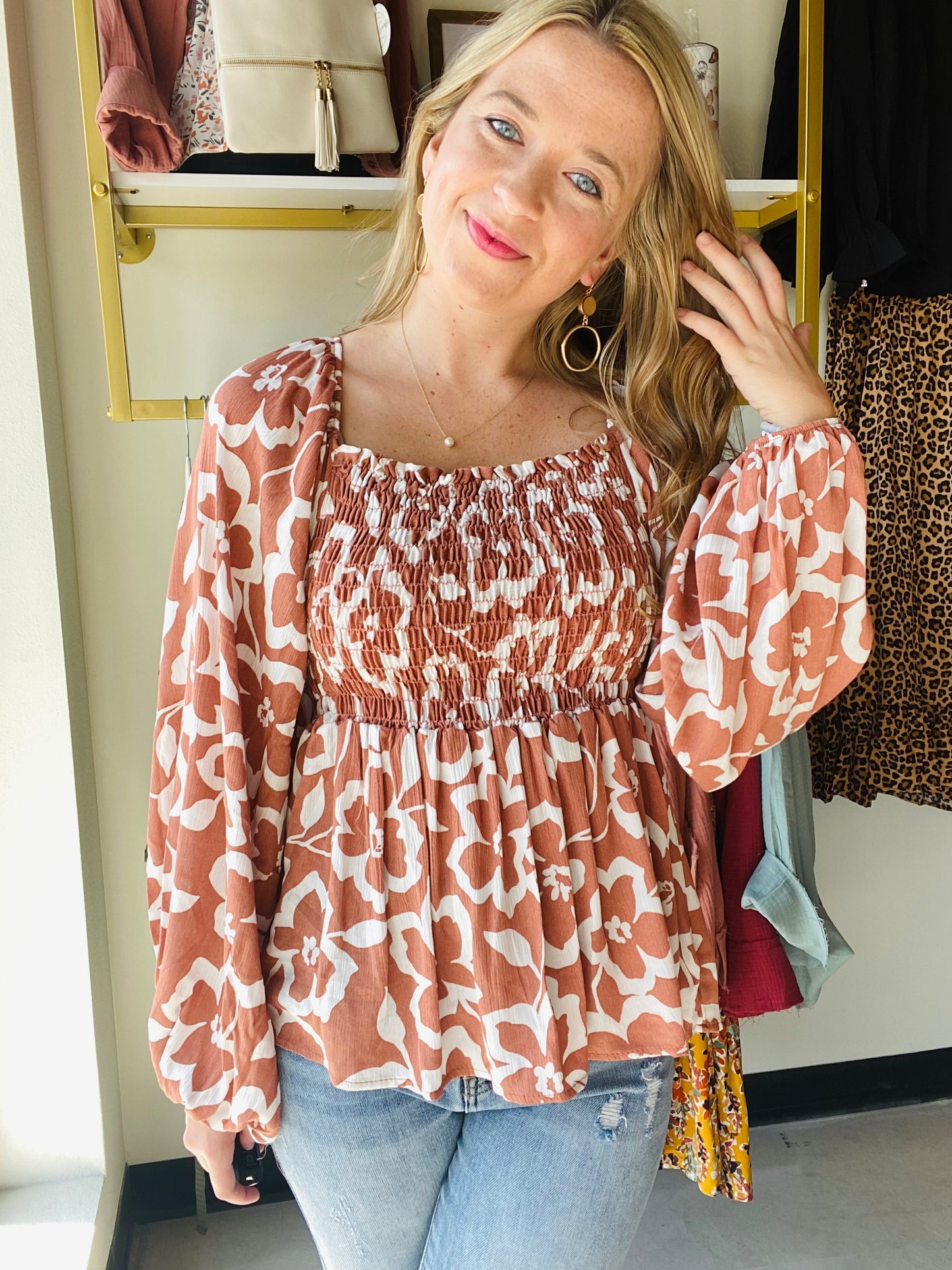 Floral Smocked Square Neck Blouse