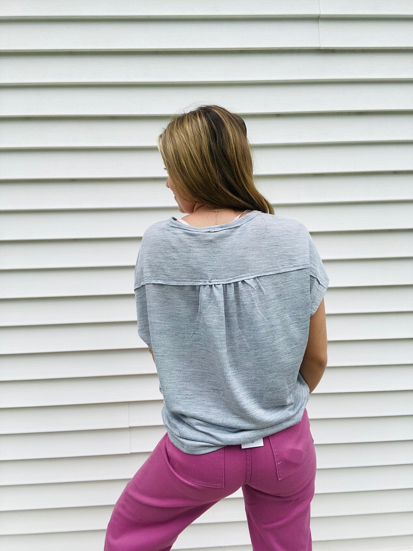 Blue Two-Tone Rib Knit Tee