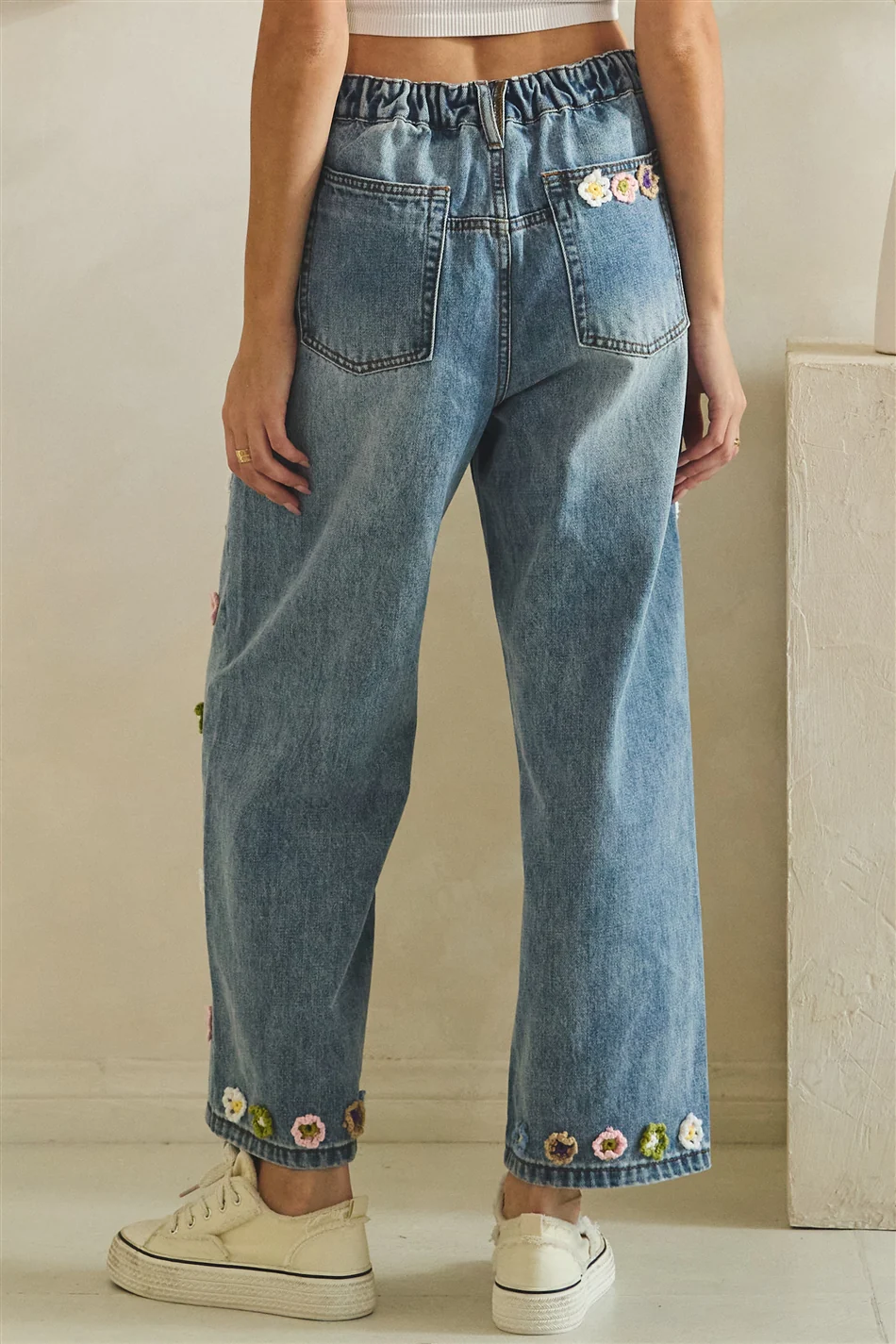 Floral 3D Crochet Denim Pants