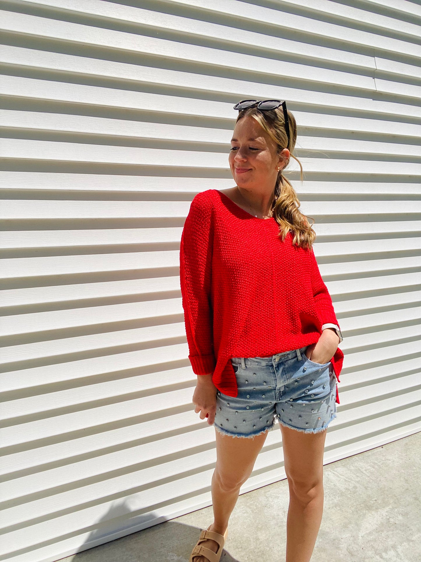 Red Crew Neck Knit Sweater