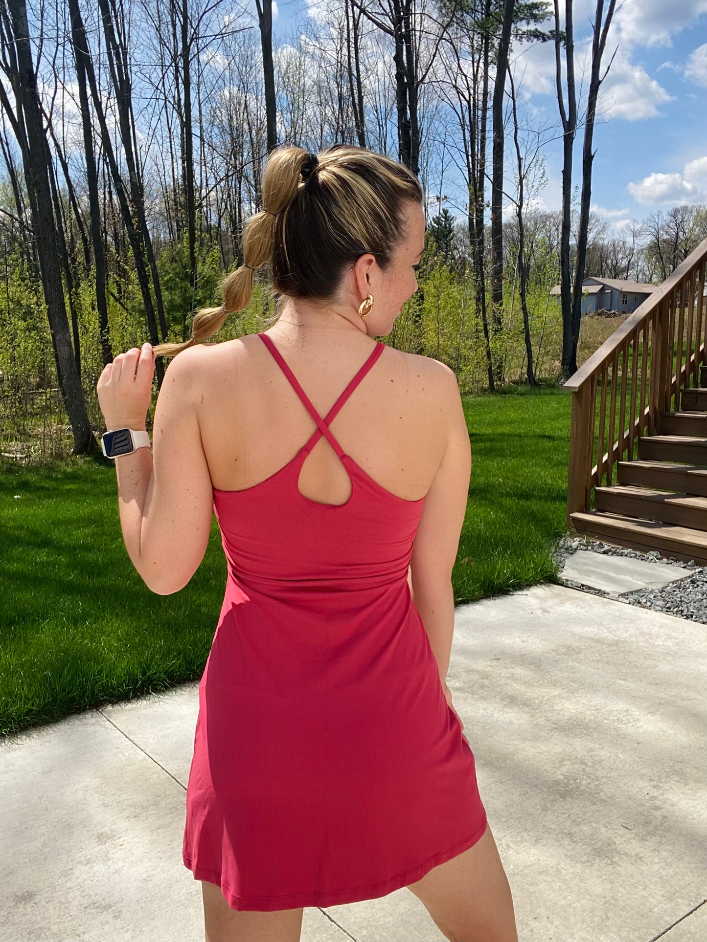 Stay cool and comfortable during your summer workouts with this Summer Raspberry Athletic Dress. Featuring built-in biker shorts for increased coverage and support and built-in bra pads for extra comfort, this dress can be dressed down with sneakers or up with sandals and a kimono. Enjoy all-day comfort and style!