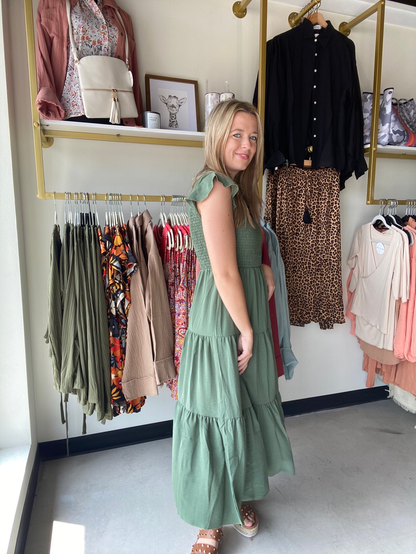 Light Olive Flutter Midi Dress