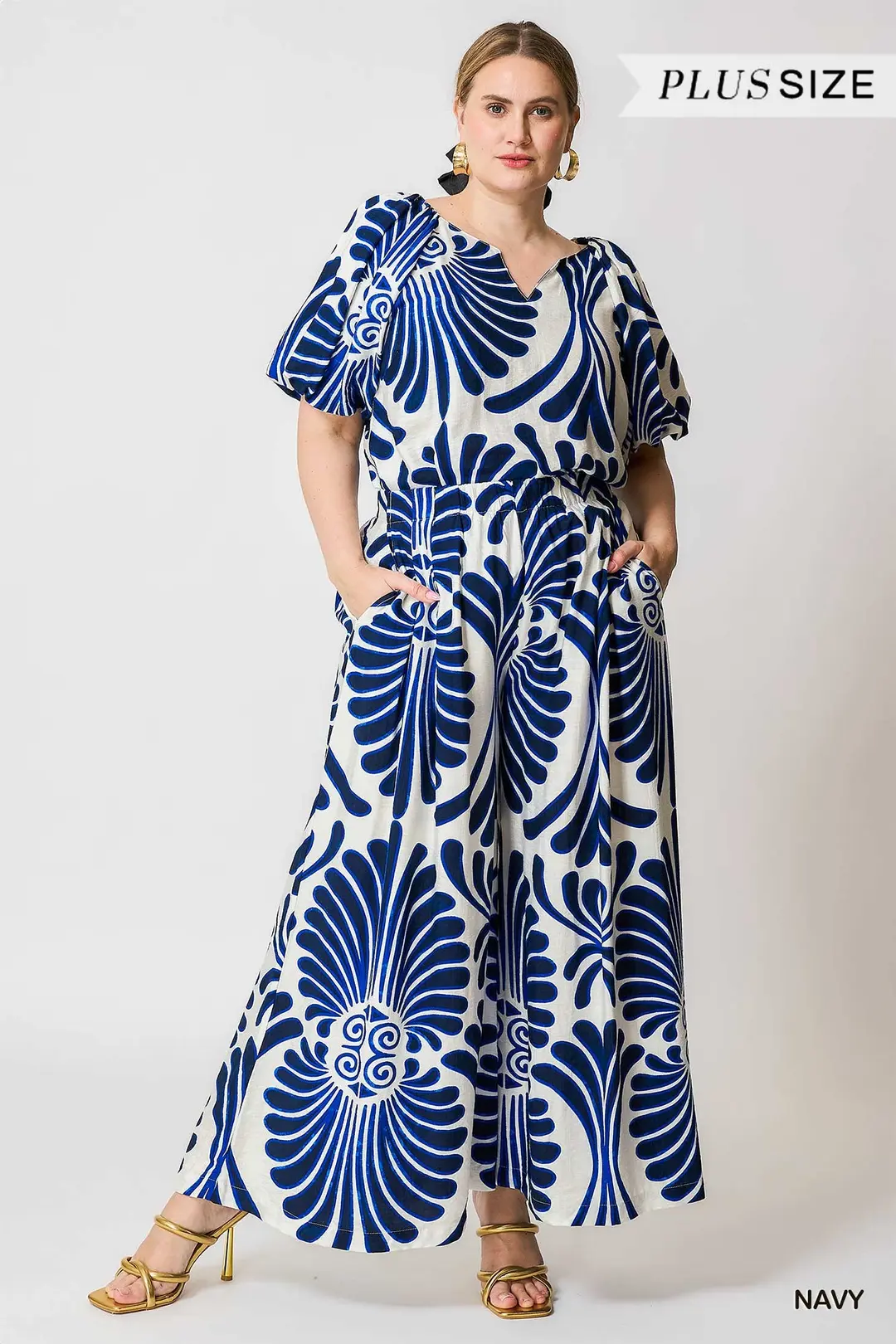 Blue Feather Wide Leg Pants - Plus