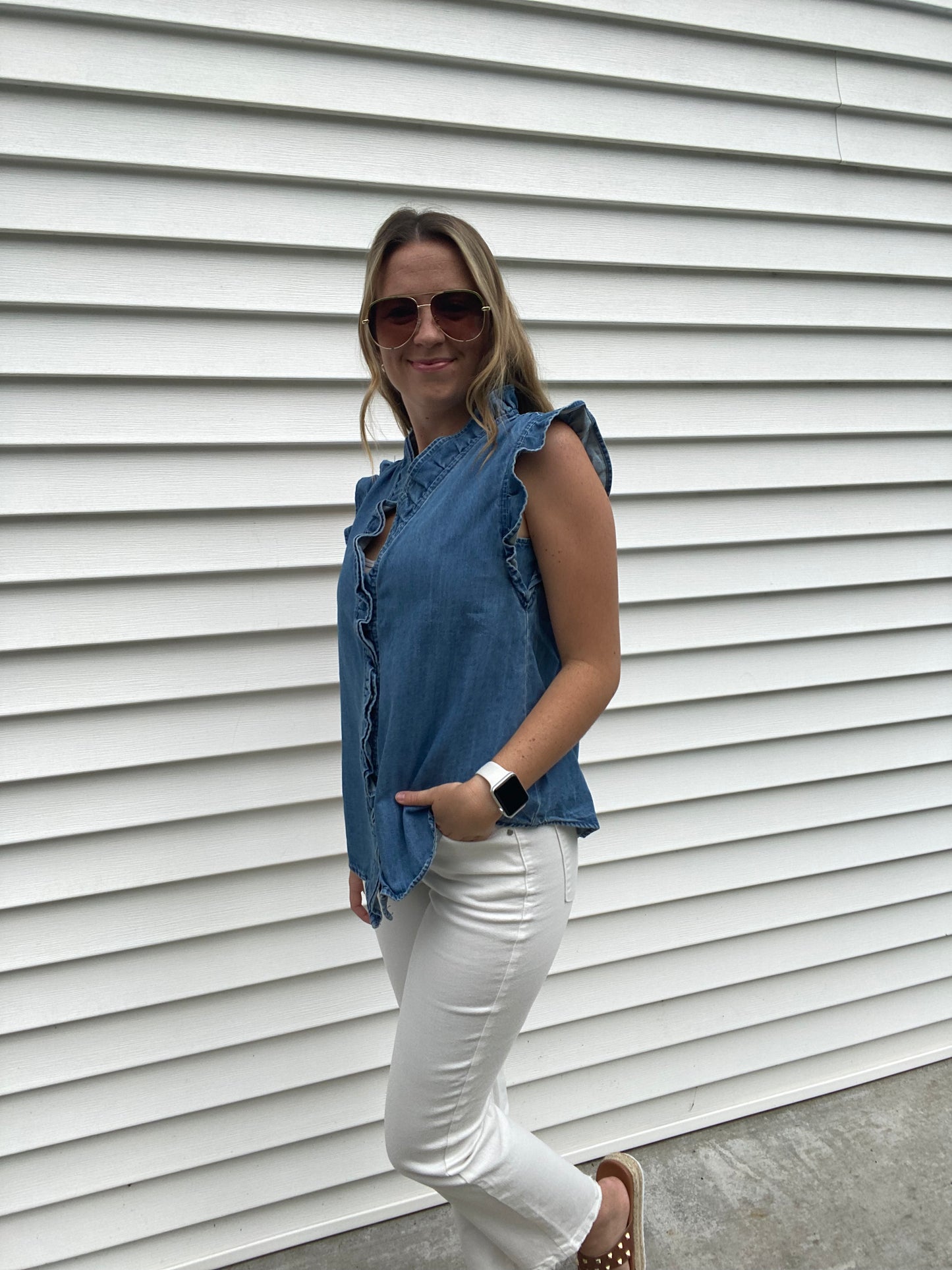 Denim Frill Sleeveless Top