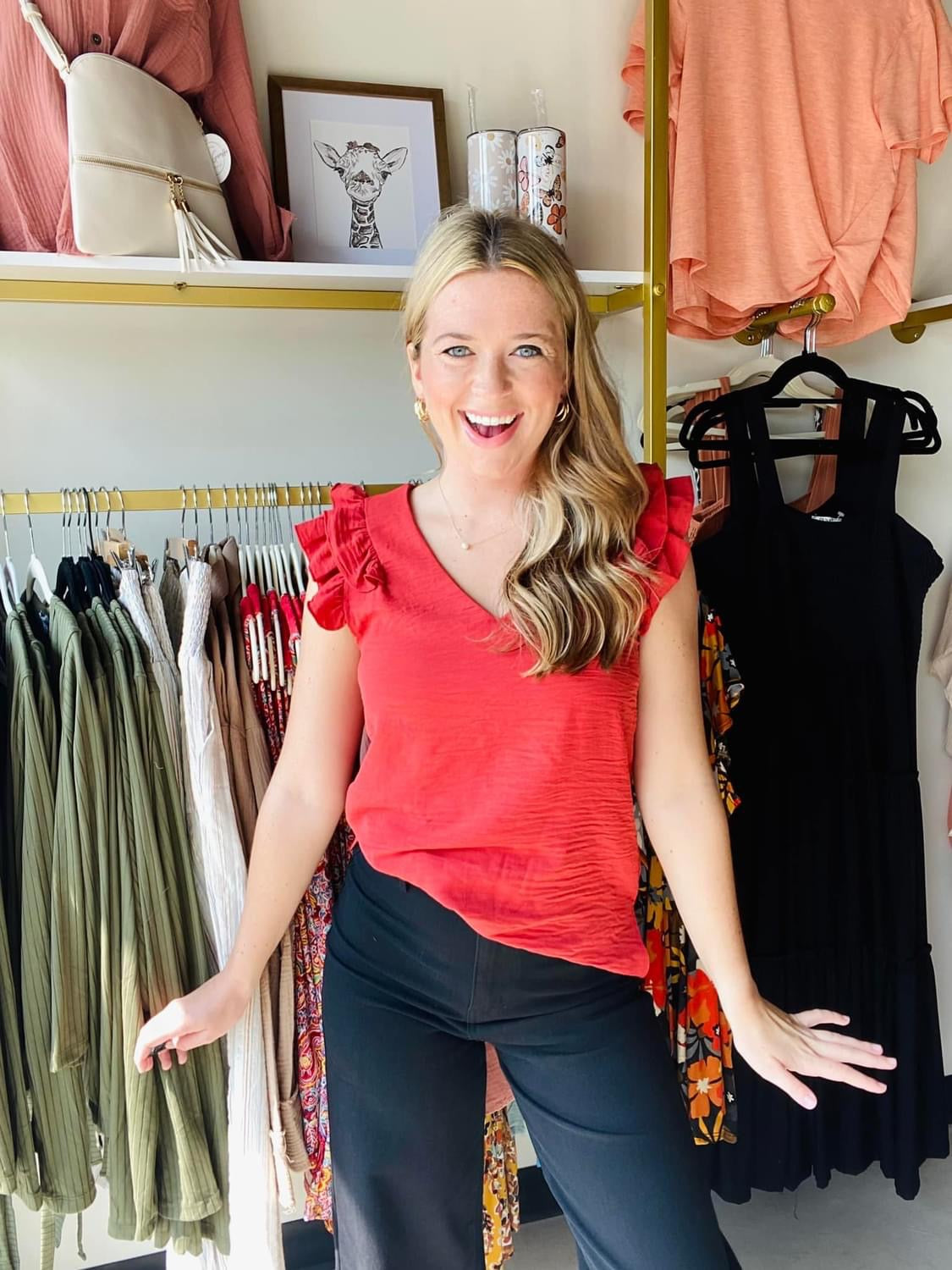 Rust Ruffle Sleeve V Neck