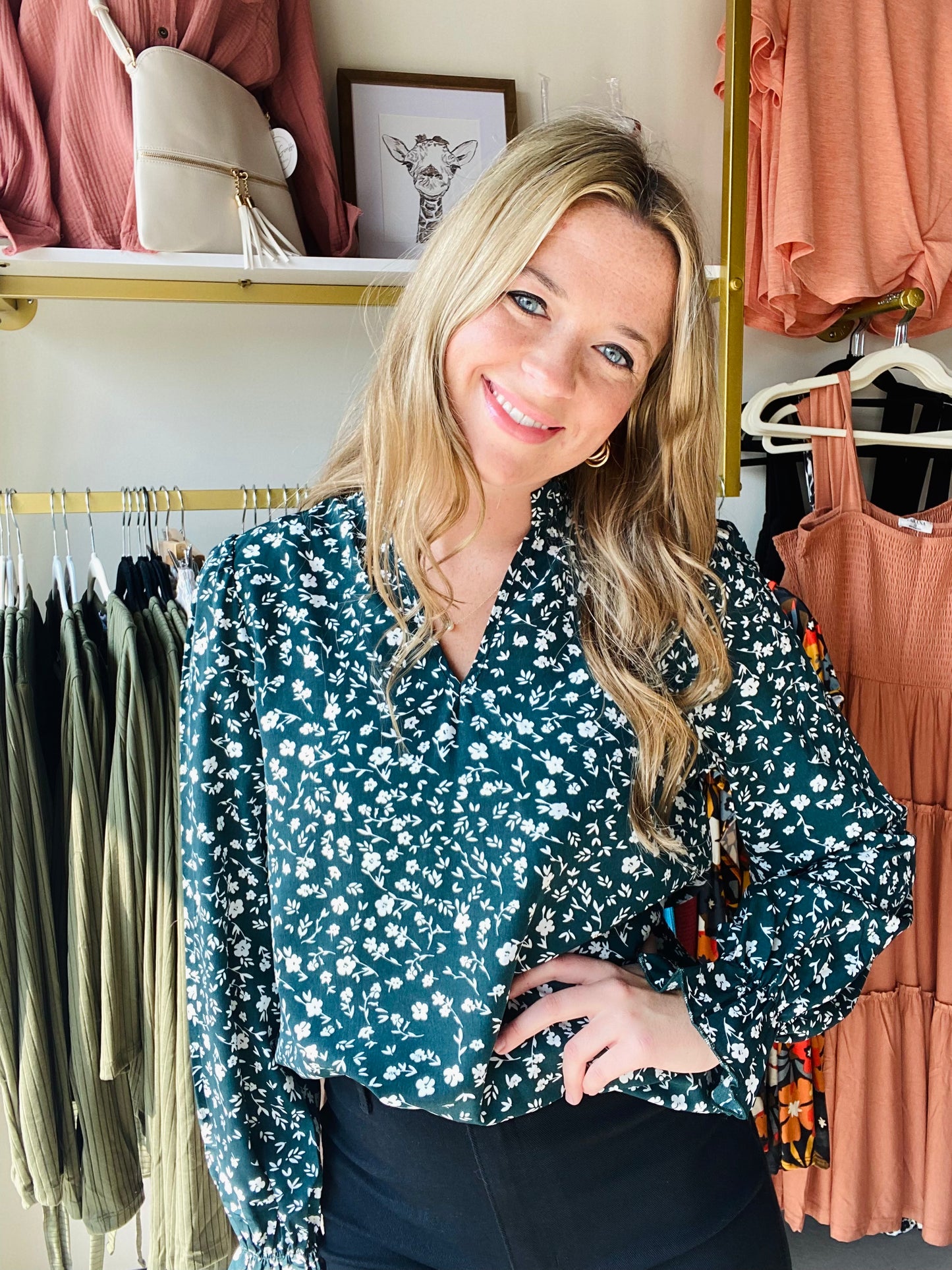 Dark Teal Dainty Floral Blouse