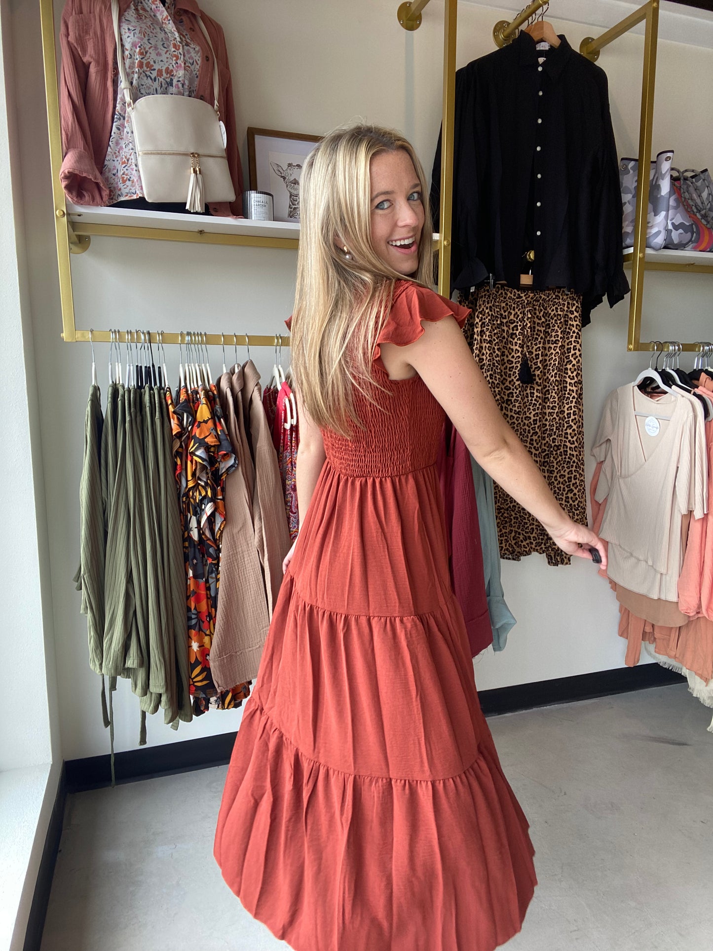 Rust Flutter Midi Dress