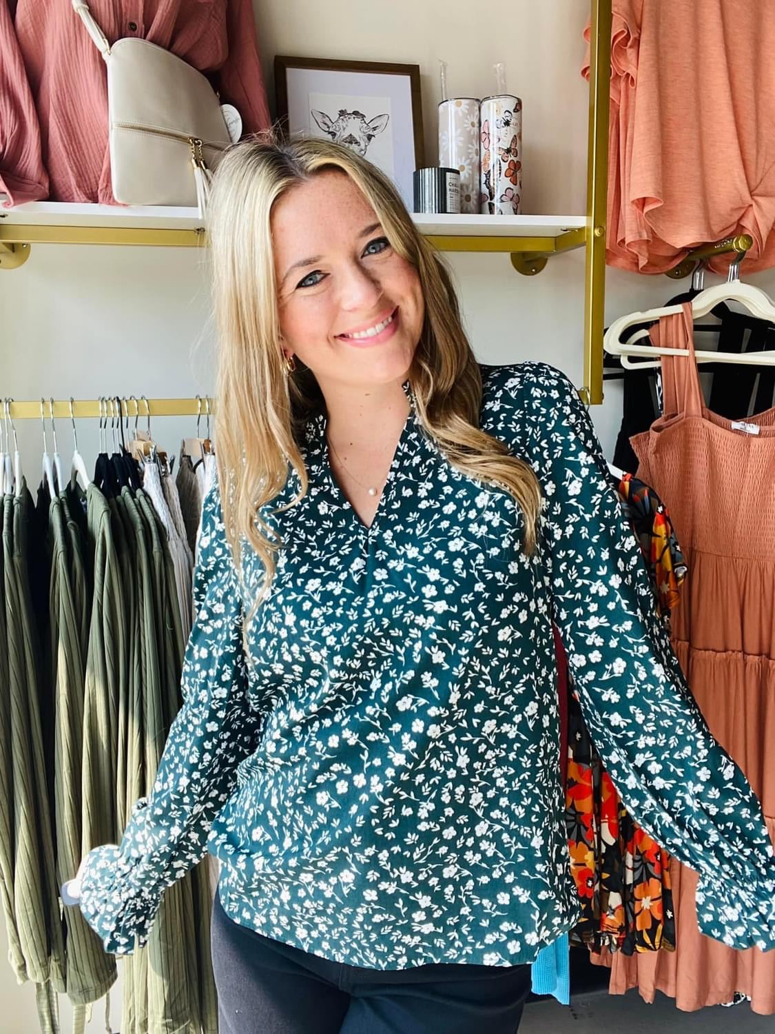 Dark Teal Dainty Floral Blouse