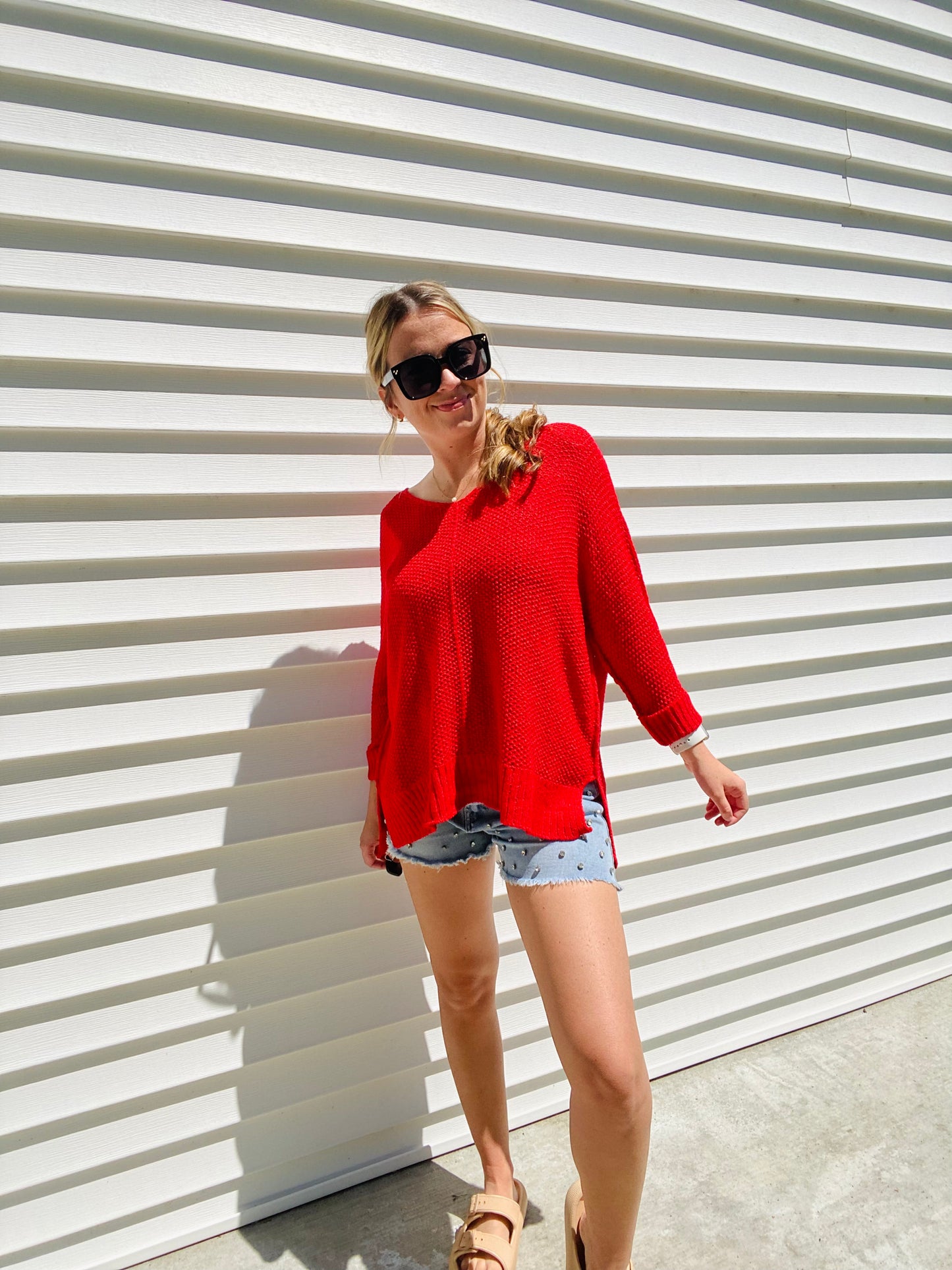 Red Crew Neck Knit Sweater