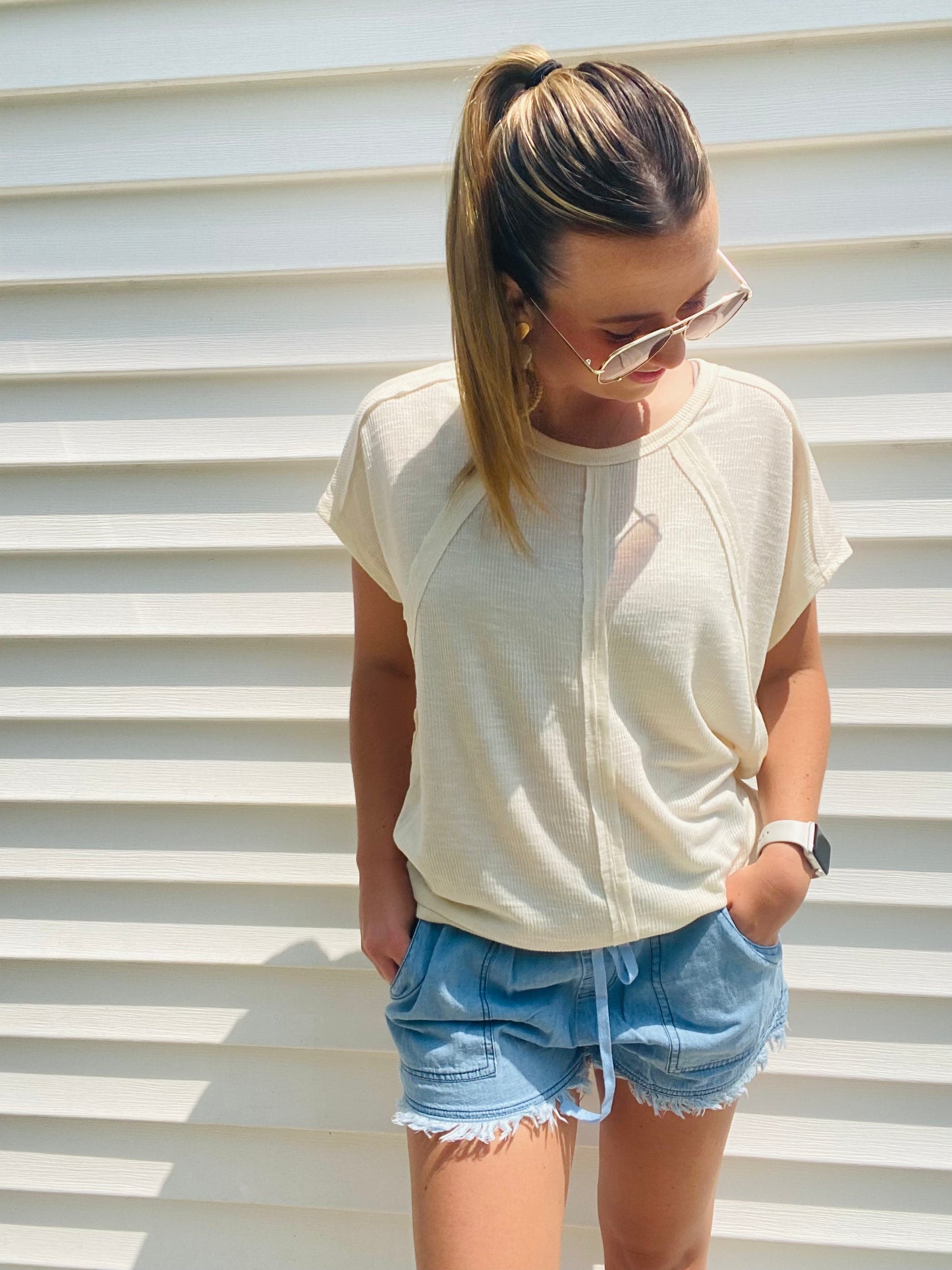 Cream Two-Tone Rib Knit Tee