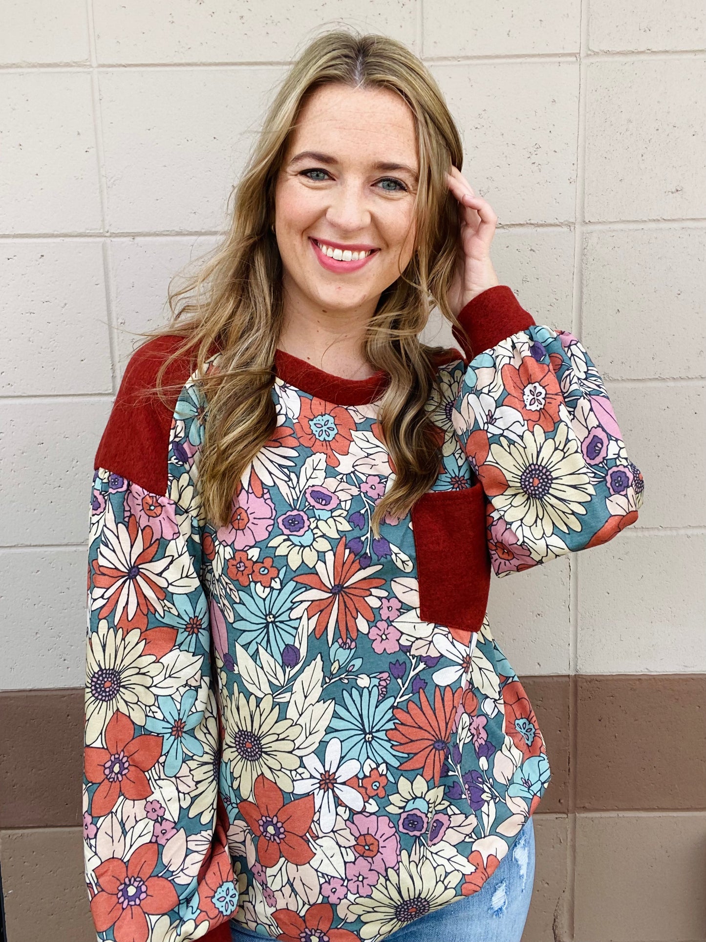Brushed Contrast Floral Top