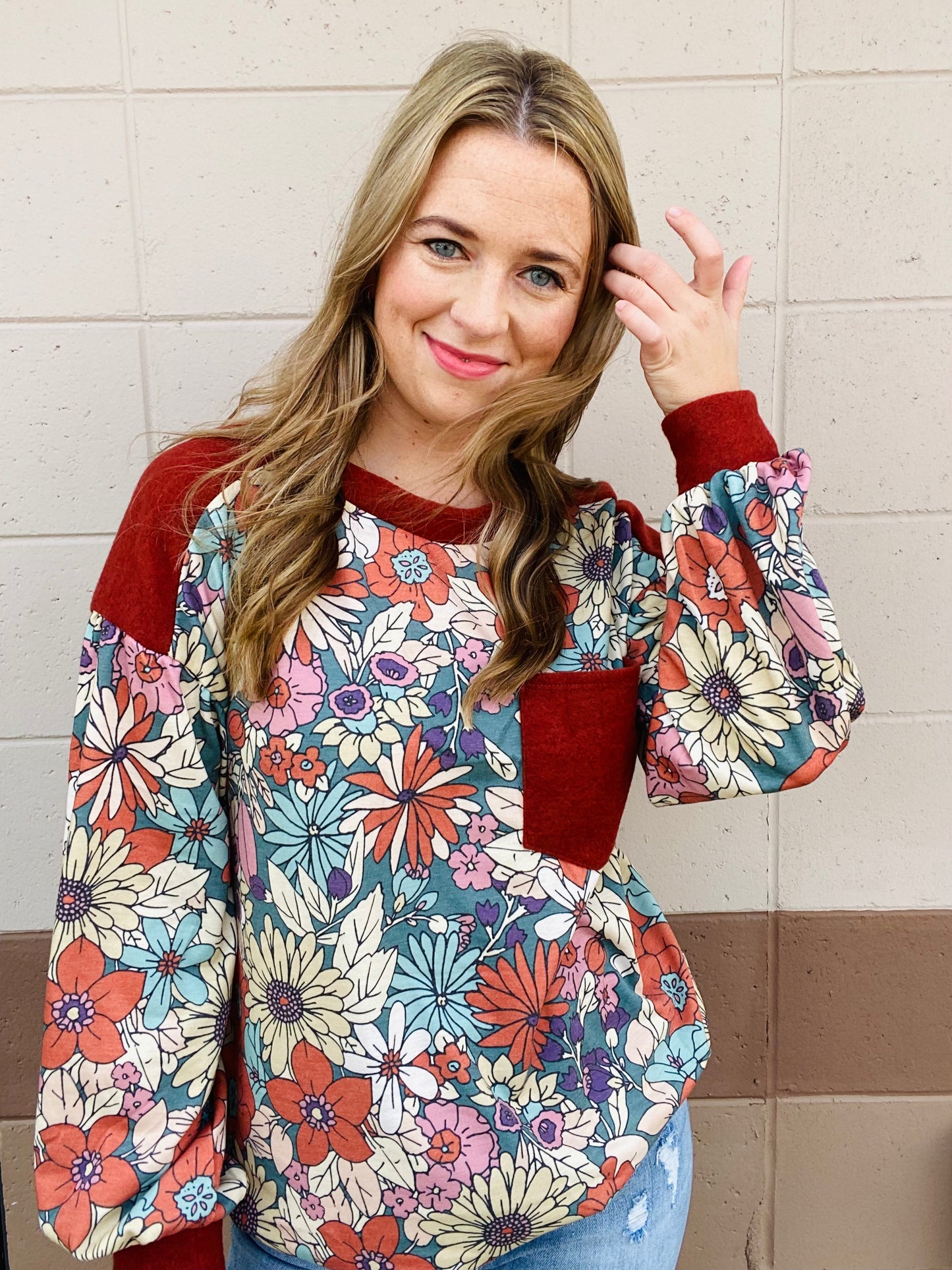 Brushed Contrast Floral Top