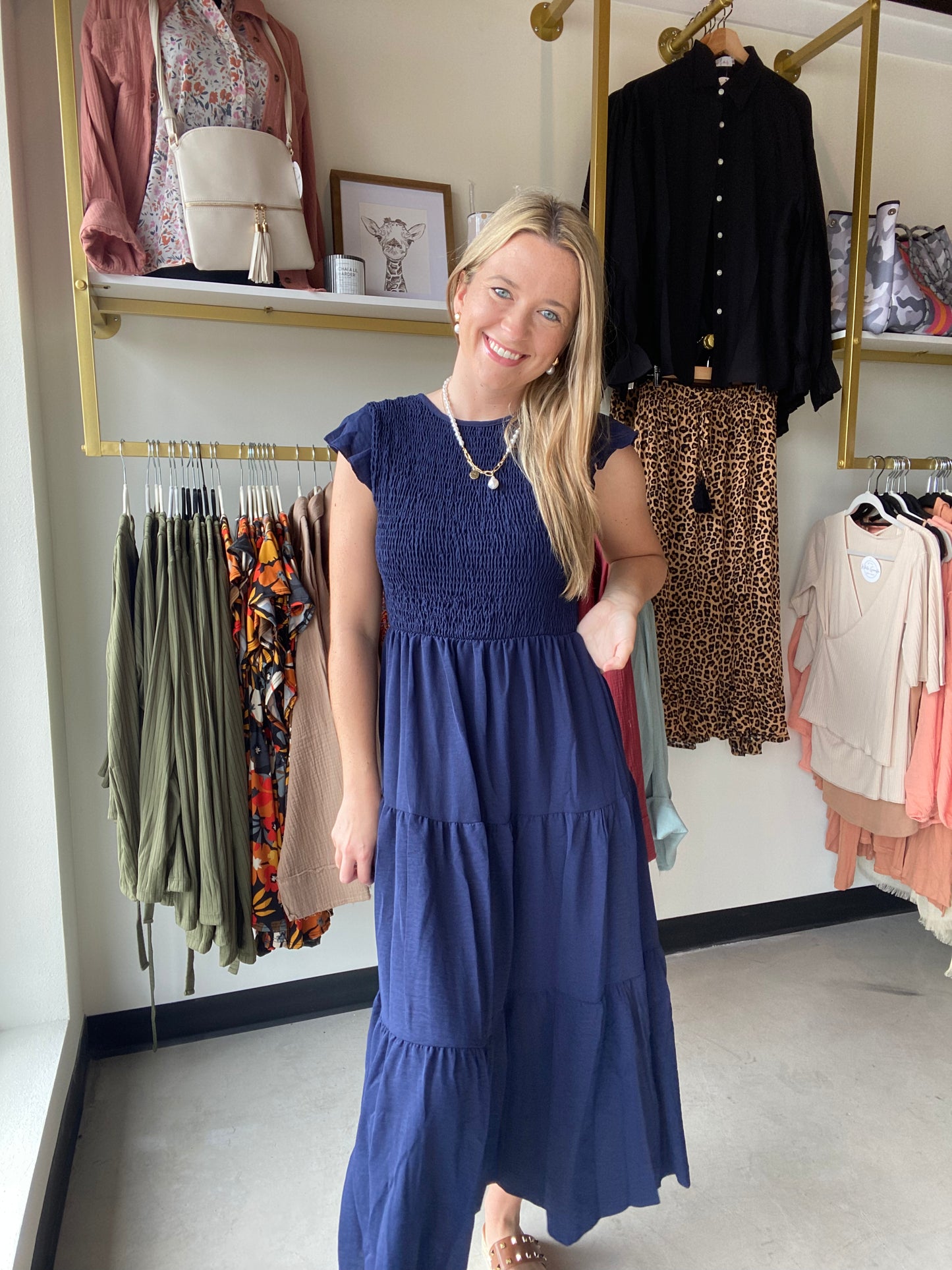 Navy Flutter Midi Dress