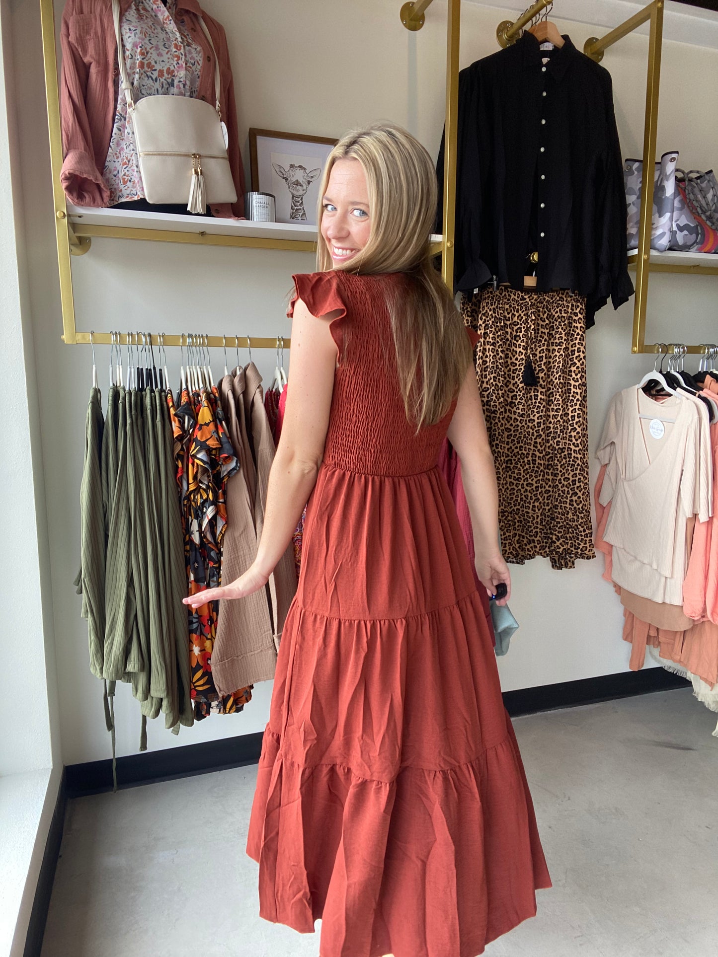 Rust Flutter Midi Dress