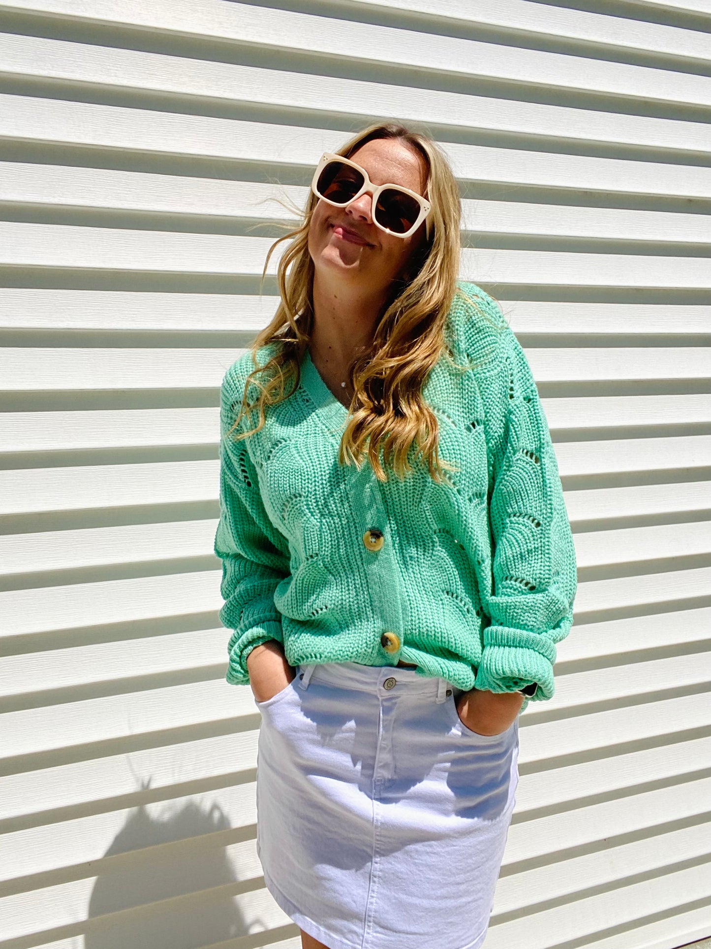 Green Wave Detail Cardigan Sweater