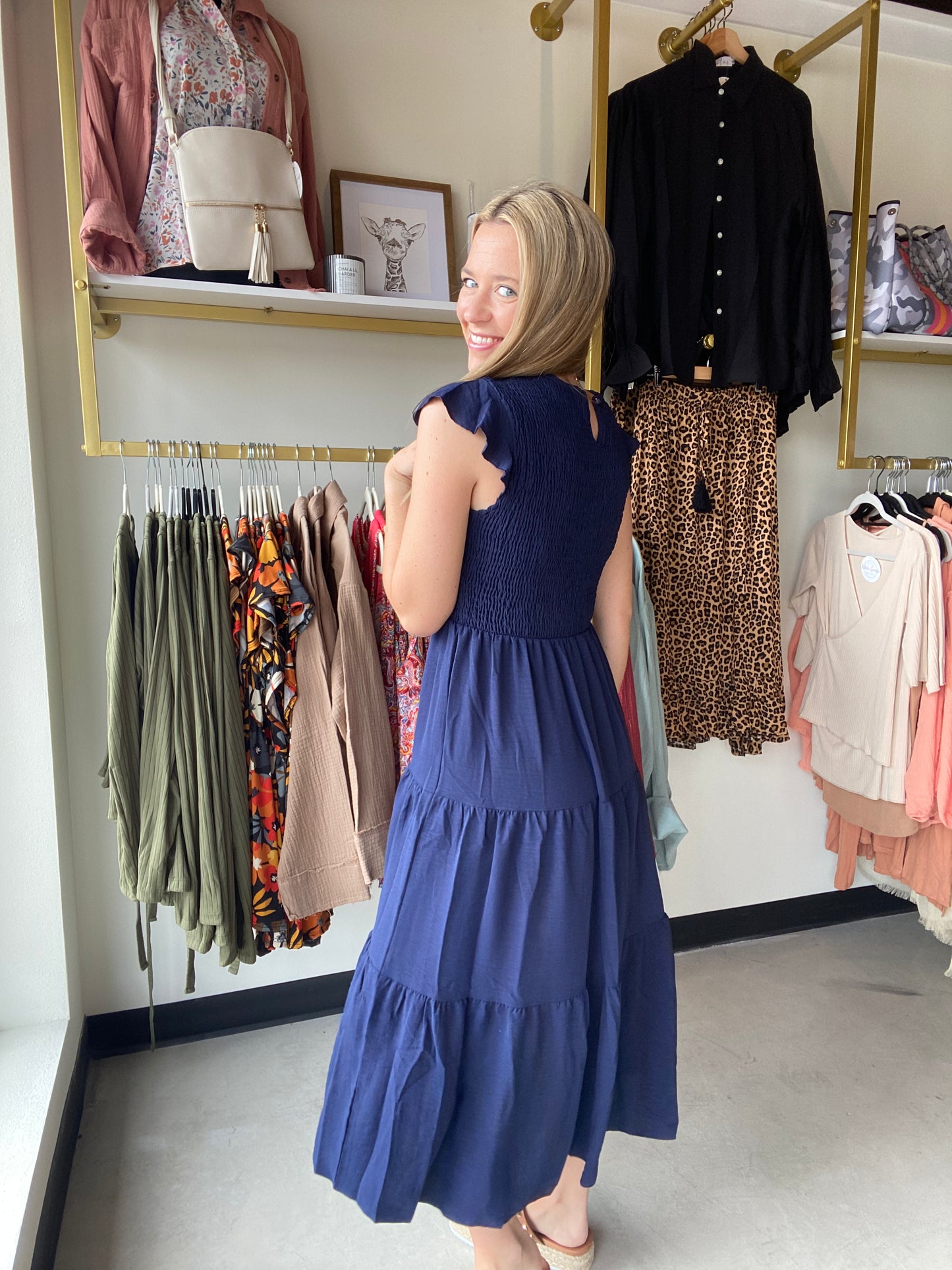 Navy Flutter Midi Dress