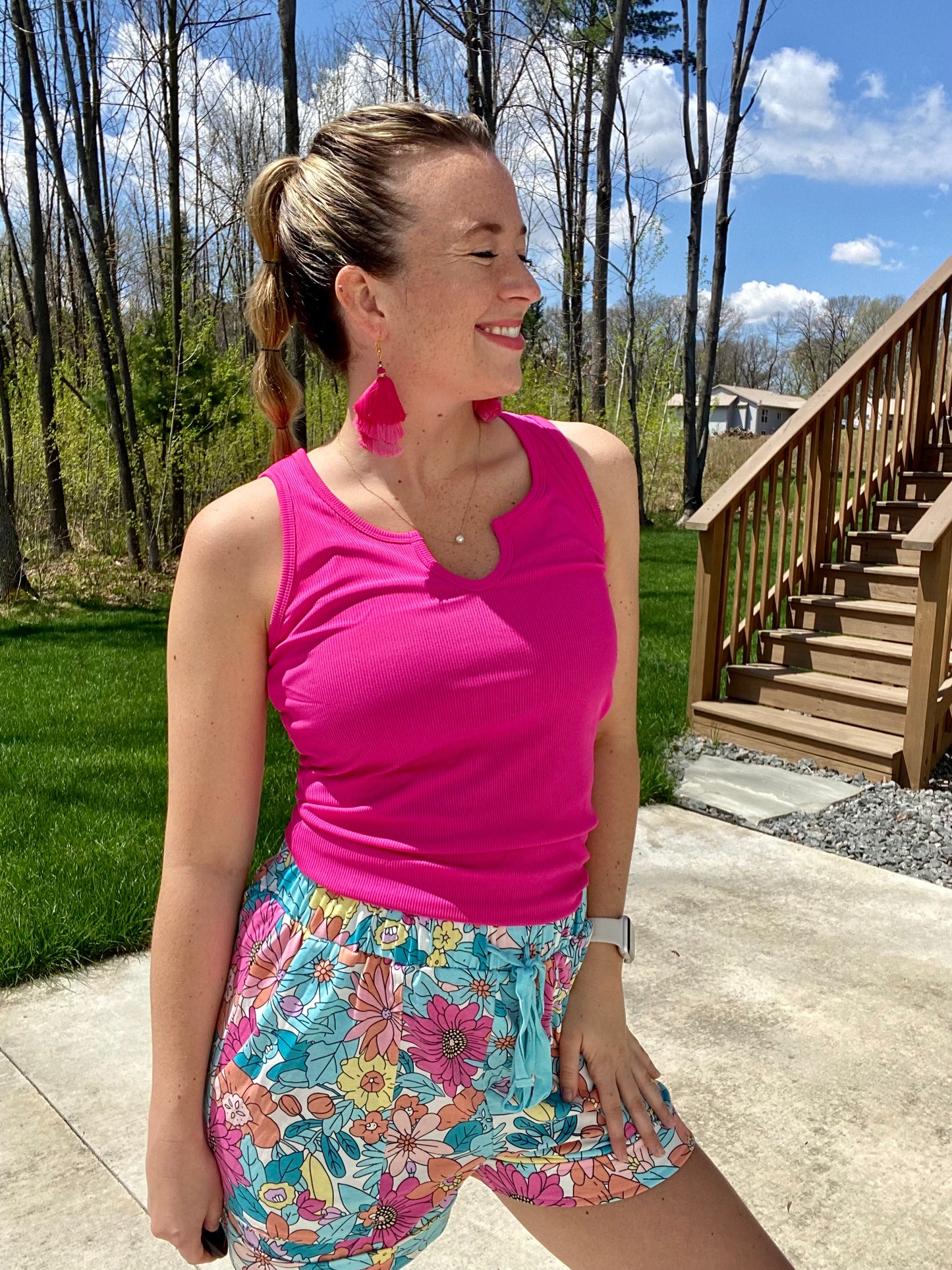 Hot Pink Split Neck Ribbed Tank Top 3XL