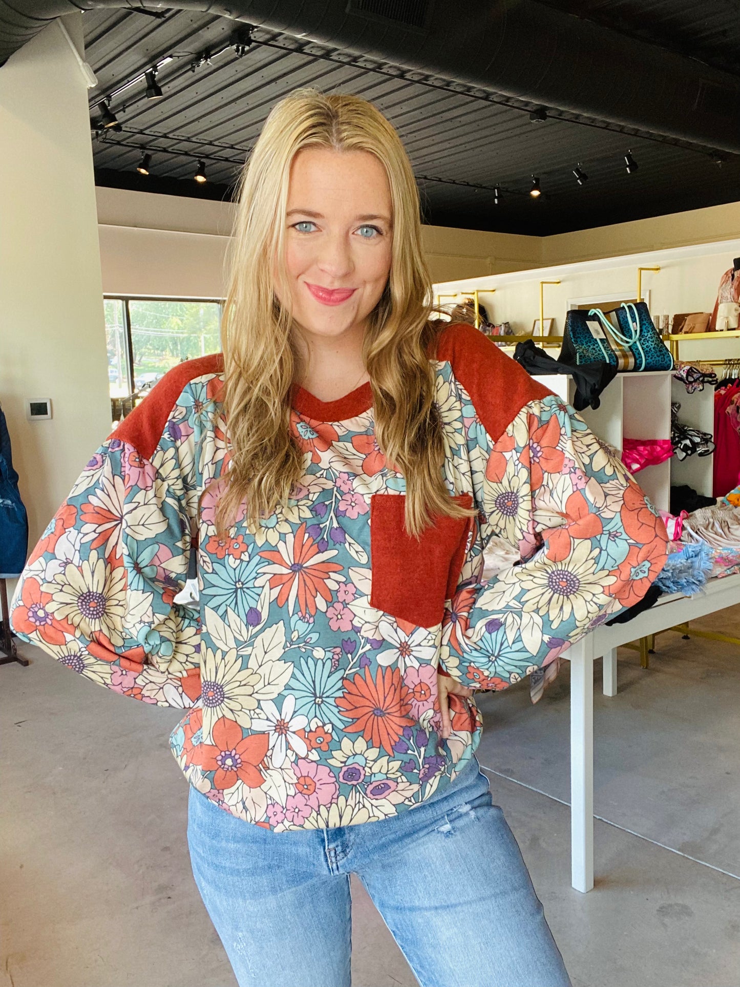 Brushed Contrast Floral Top