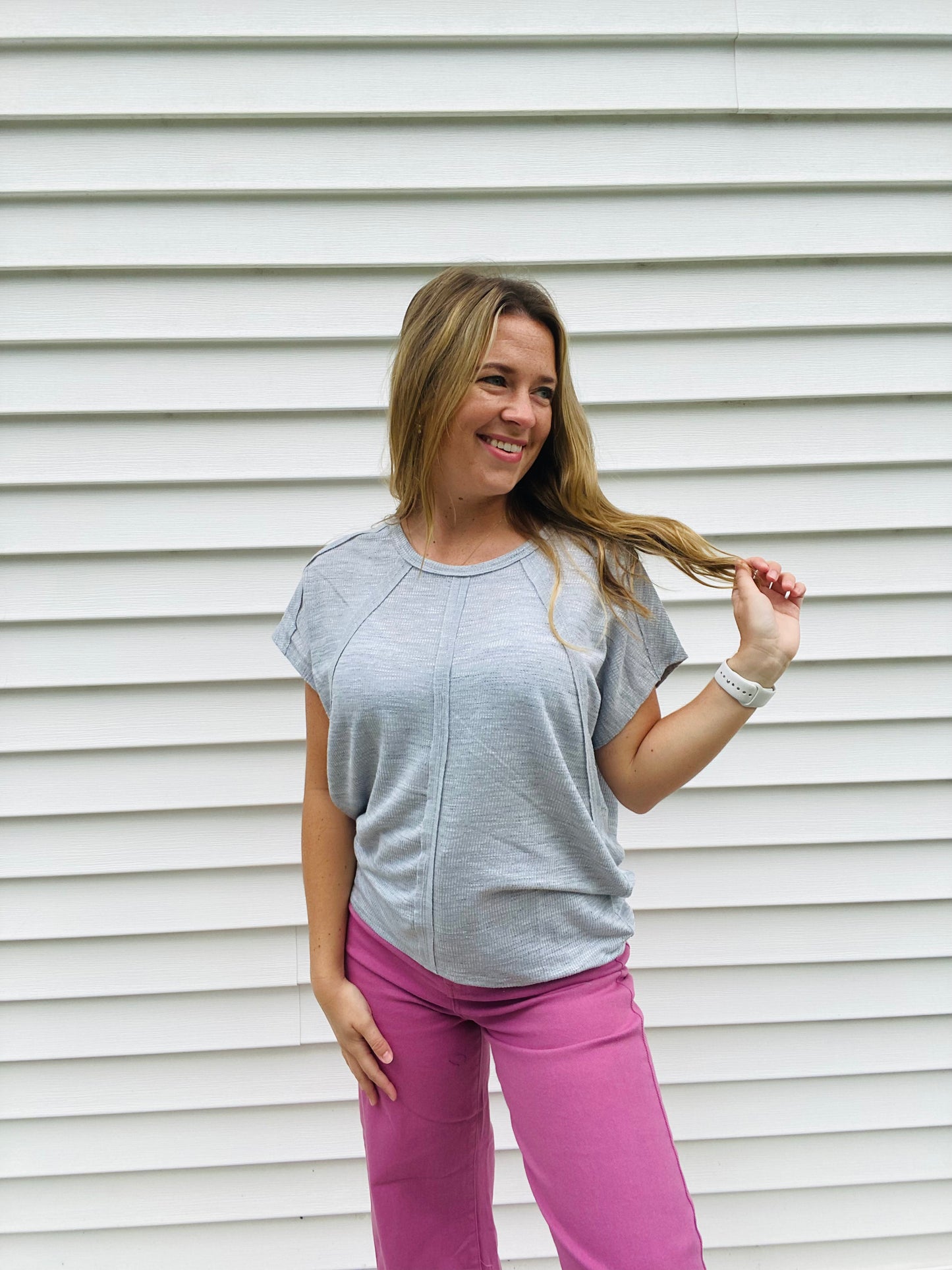 Blue Two-Tone Rib Knit Tee