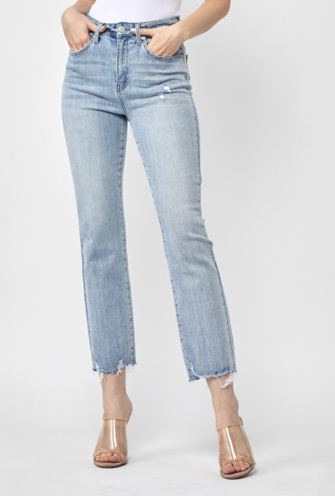 High Rise Light Wash Raw Hem Risen Jeans