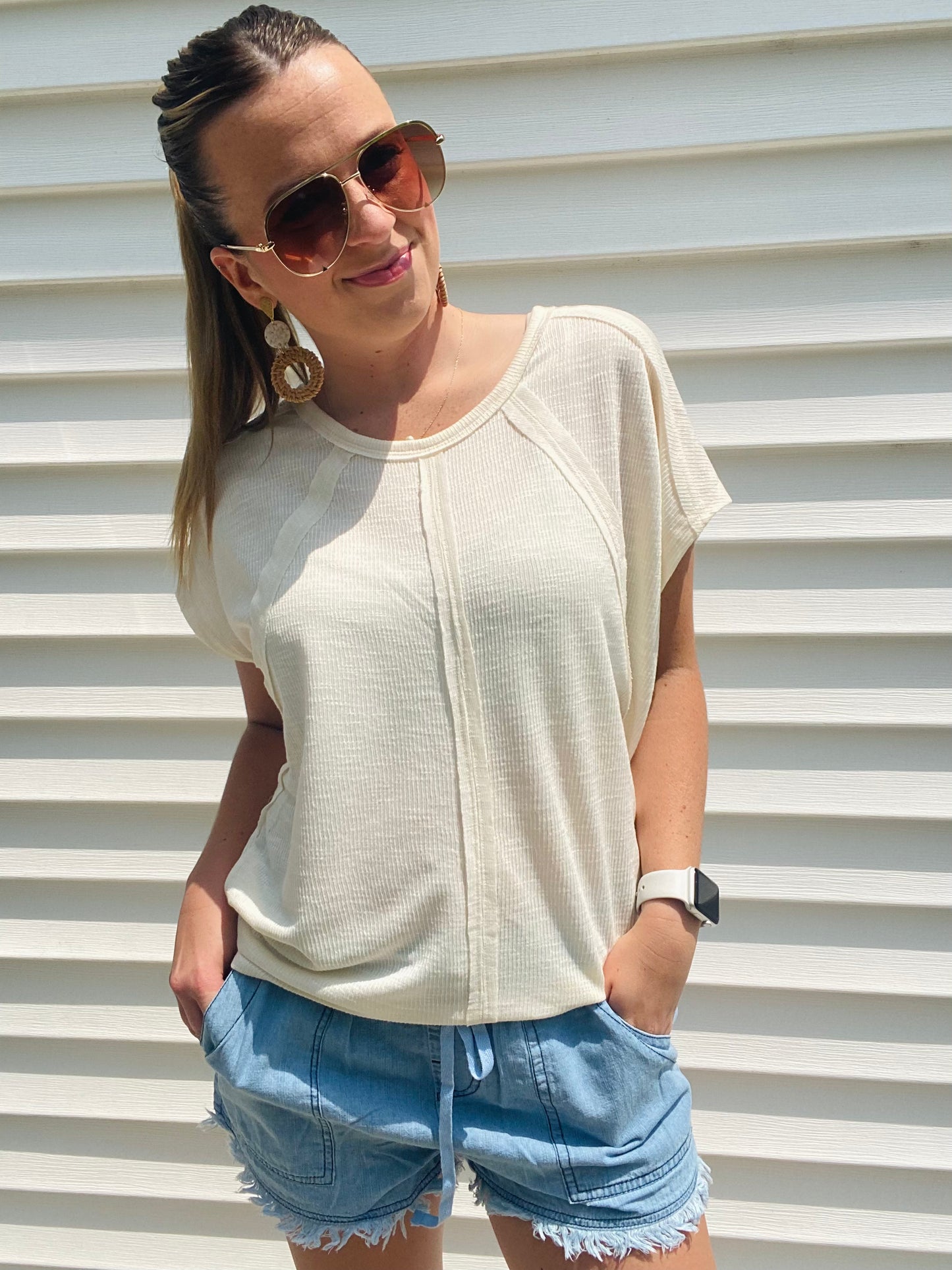 Cream Two-Tone Rib Knit Tee