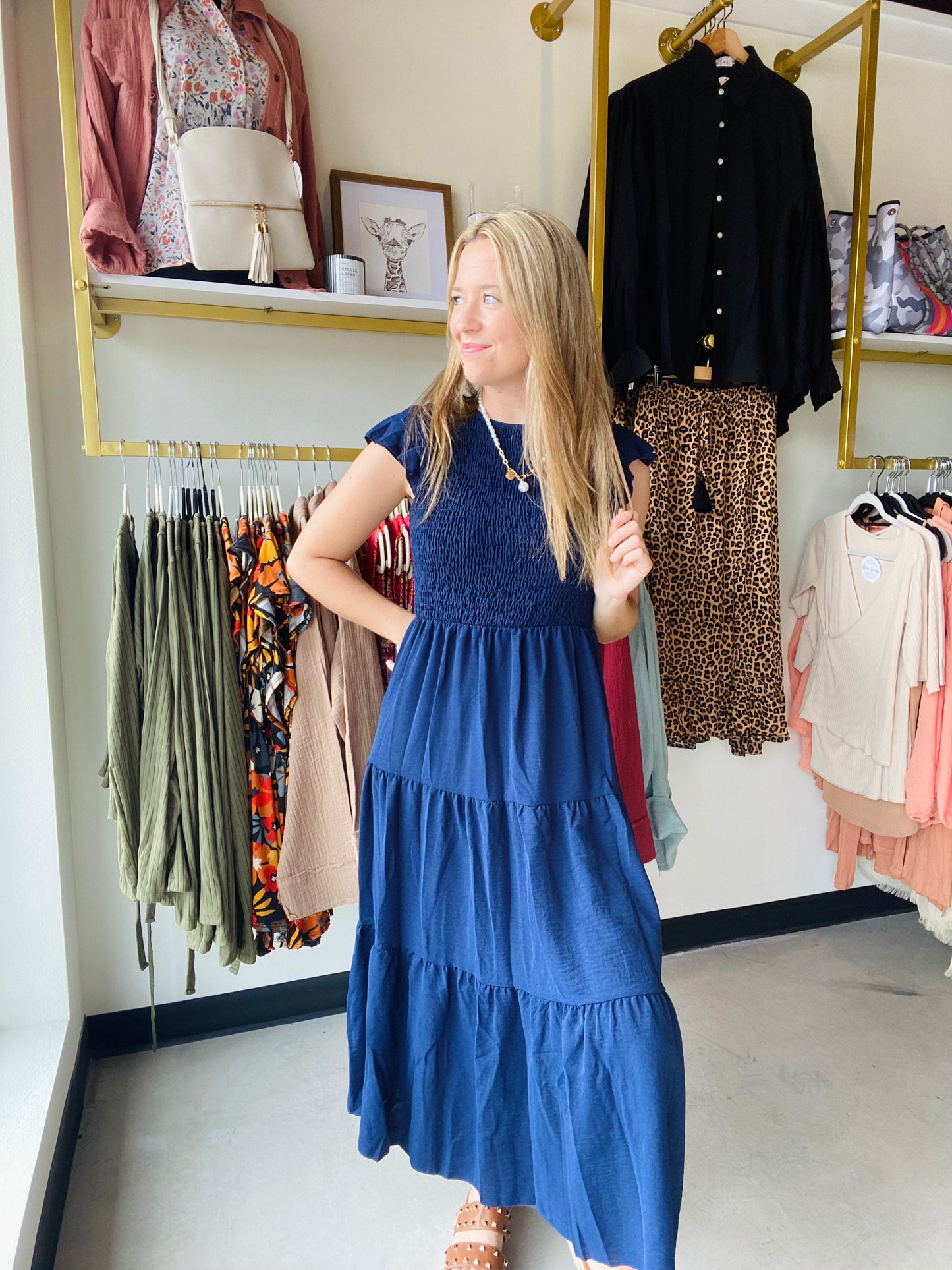 Navy Flutter Midi Dress