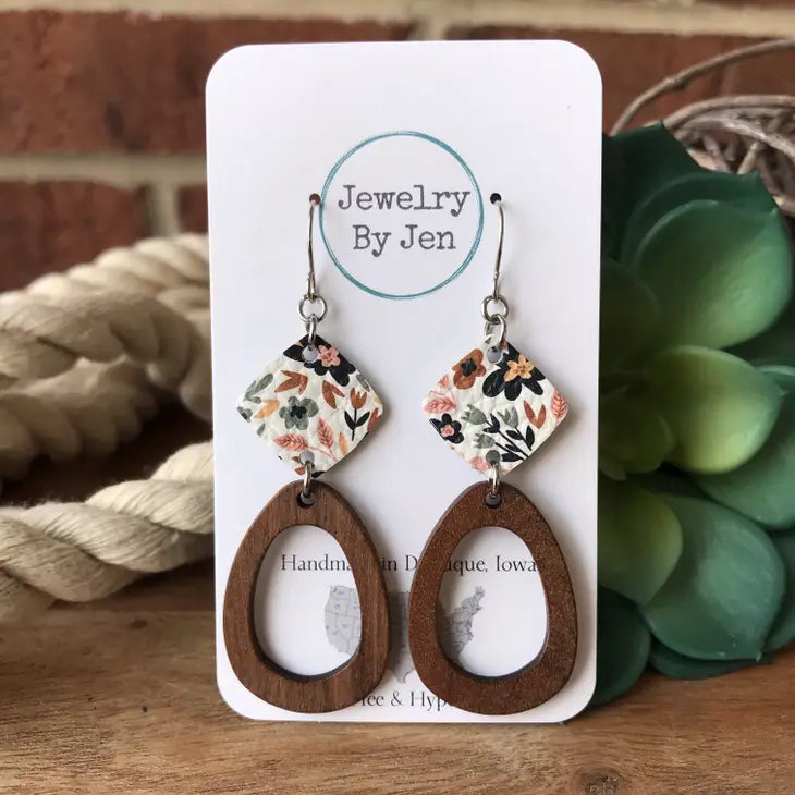 Wood Oblong Gentle Autumn Earrings