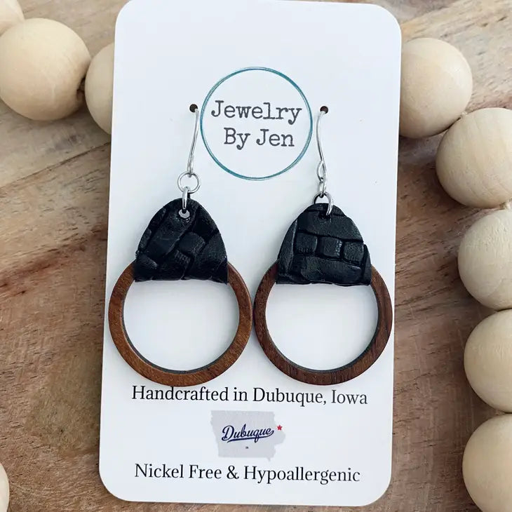 Black Weaved Wood Hoop Earrings