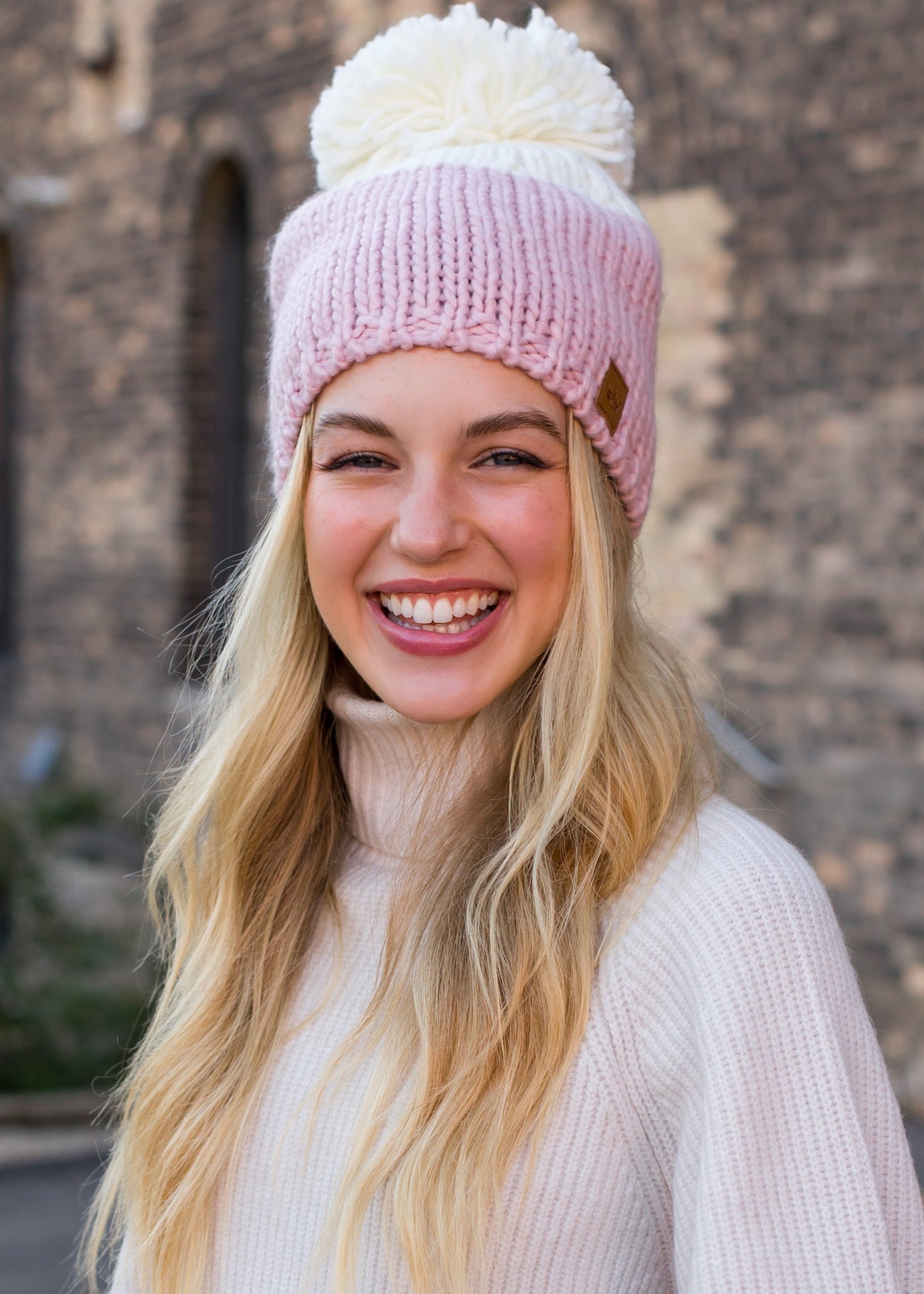 Blush & Off White Color Block Pom Knit Hat