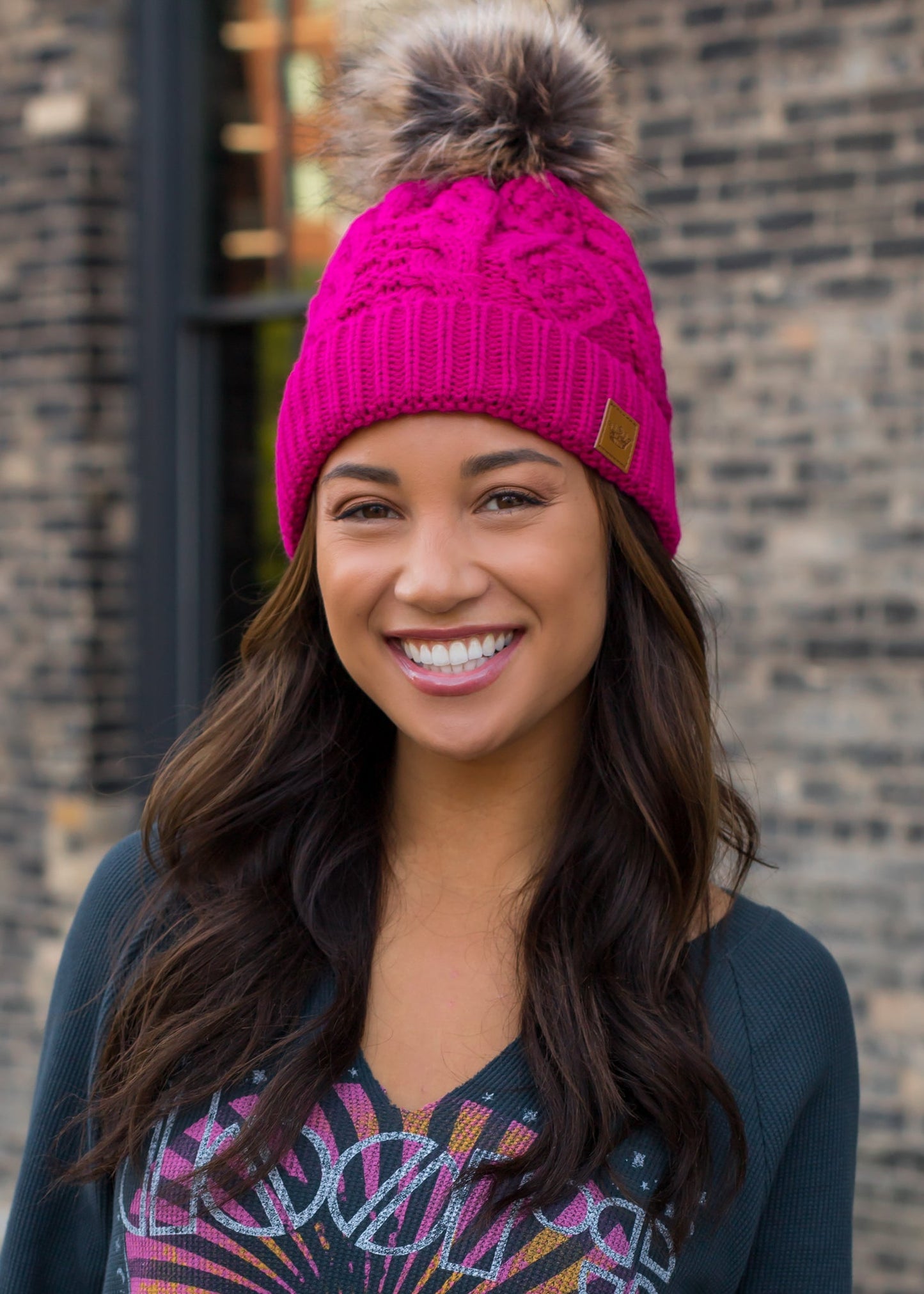 Hot Pink Cable Knit Pom Hat