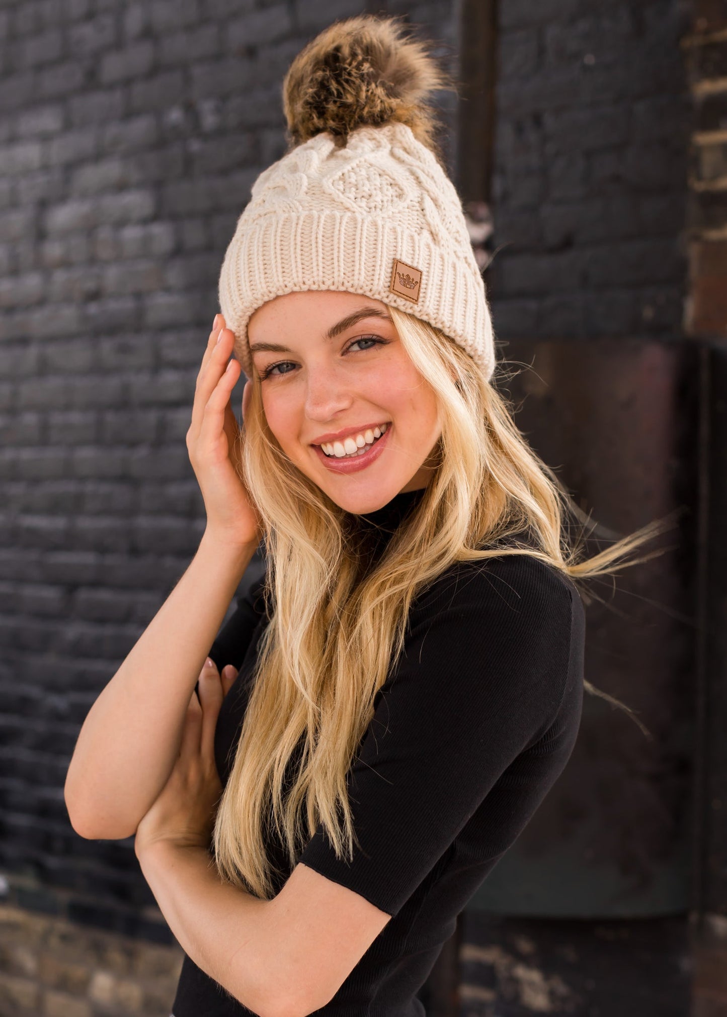 Beige Cable Knit Pom Hat