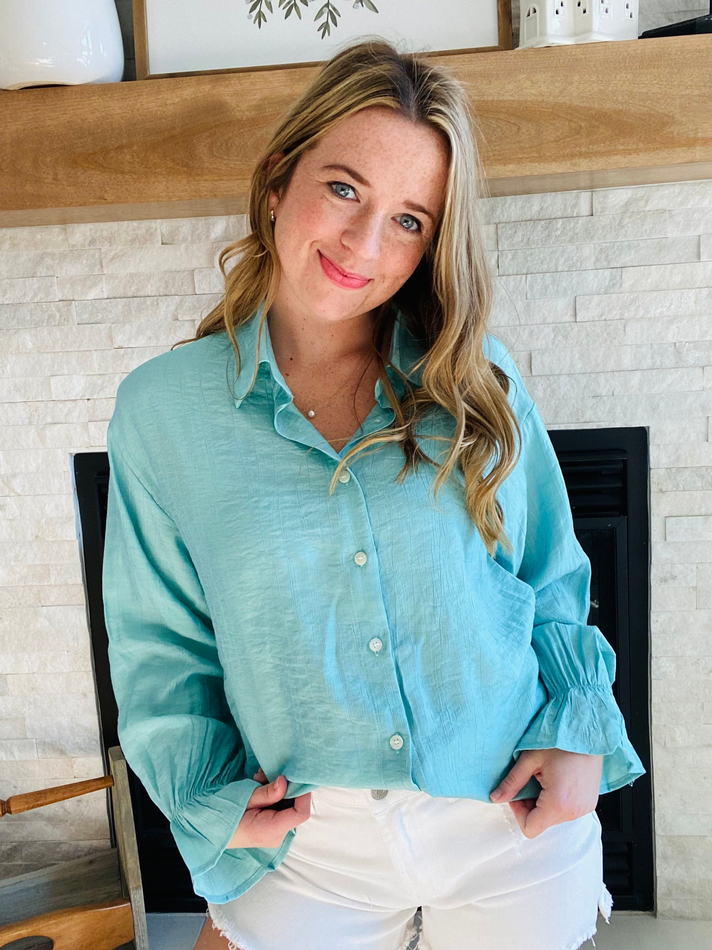 Belize Blue Gauzy Bell Sleeve Blouse