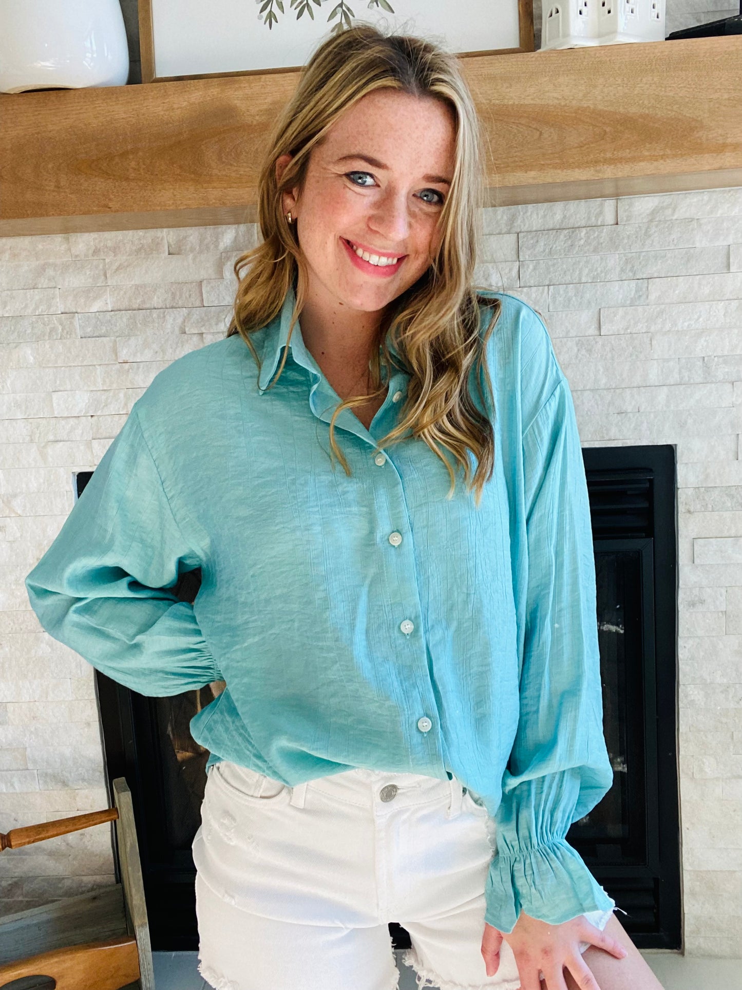 Belize Blue Gauzy Bell Sleeve Blouse
